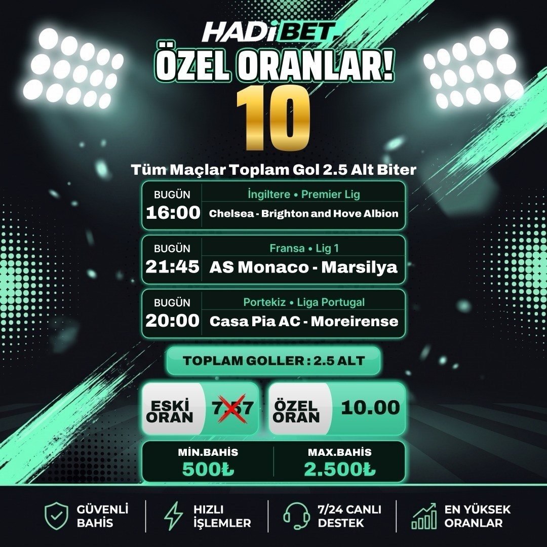 Hadibet_Resmi's tweet photo. 🔥 HADİBET ÖZEL ORANLAR!

🎯 BUGÜNÜN ÖZEL KOMBİNESİ
⚽ Tüm Maçlar | 2.5 ALT
⚽ Chelsea - Brighton | 16:00
⚽ Casa Pia - Moreirense | 20:00
⚽ Monaco - Marsilya | 21:45
📉 Eski Oran: 7.57
🚀 Özel Oran: 10.00

💰 Min: 500₺ | Max: 2.500₺
🛡 Güvenli Bahis | ⚡ Hızlı İşlemler https://t.co/xp550xFRrE
