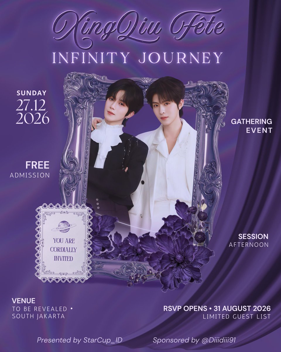 thisiscookies_'s tweet photo. ⋆˙⟡ 𝚂𝚃𝙰𝚁𝙲𝚄𝙿𝚂 2𝙽𝙳 𝙰𝙽𝙽𝙸𝚅𝙴𝚁𝚂𝙰𝚁𝚈 ⟡˙⋆ 　　  XQ99: INFINITY JOURNEY

Halo, Starcups/XQB/XQM! 💜

Dalam rangka merayakan tahun ke-2 Starcups, Starcup_ID dengan rendah hati mengundang seluruh penggemar Huang Xing & Qiu Ding Jie untuk berkumpul dan berbagi kebahagiaan dalam momen spesial melalui “Starcups Gathering Event” sponsored by Diiidiii91 

✨ ACARA INI GRATIS ✨

Bagi Starcups yang ingin menjadi bagian dari perayaan ini, pendaftaran akan dilakukan melalui formulir yang disediakan oleh panitia.

Formulir pendaftaran akan dibuka pada: 31 Agustus 2026 - 19.00 WIB

Mengingat acara ini merupakan gathering khusus penggemar Huang Xing & Qiu Ding Jie, serta diselenggarakan secara gratis dengan jumlah peserta yang terbatas, maka setiap pendaftar akan melalui proses seleksi, peserta yang dapat mengikuti acara akan dipilih berdasarkan kriteria dan ketentuan yang telah ditetapkan oleh panitia, dengan mempertimbangkan kesesuaian peserta, kenyamanan, dan keamanan bersama selama acara berlangsung.

Siapkan diri kalian dan jangan lewatkan kesempatan untuk menjadi bagian dari perjalanan XQ99: INFINITY JOURNEY! 

Sampai jumpa, Starcups! 💜

AN AUTUMN FINDING ITS ONE TRUE STAR
#2getherJourneyWithXingQiu 

#XingQiu #HuangXing #QiuDingJie #EliotHuang #KipukaQiu