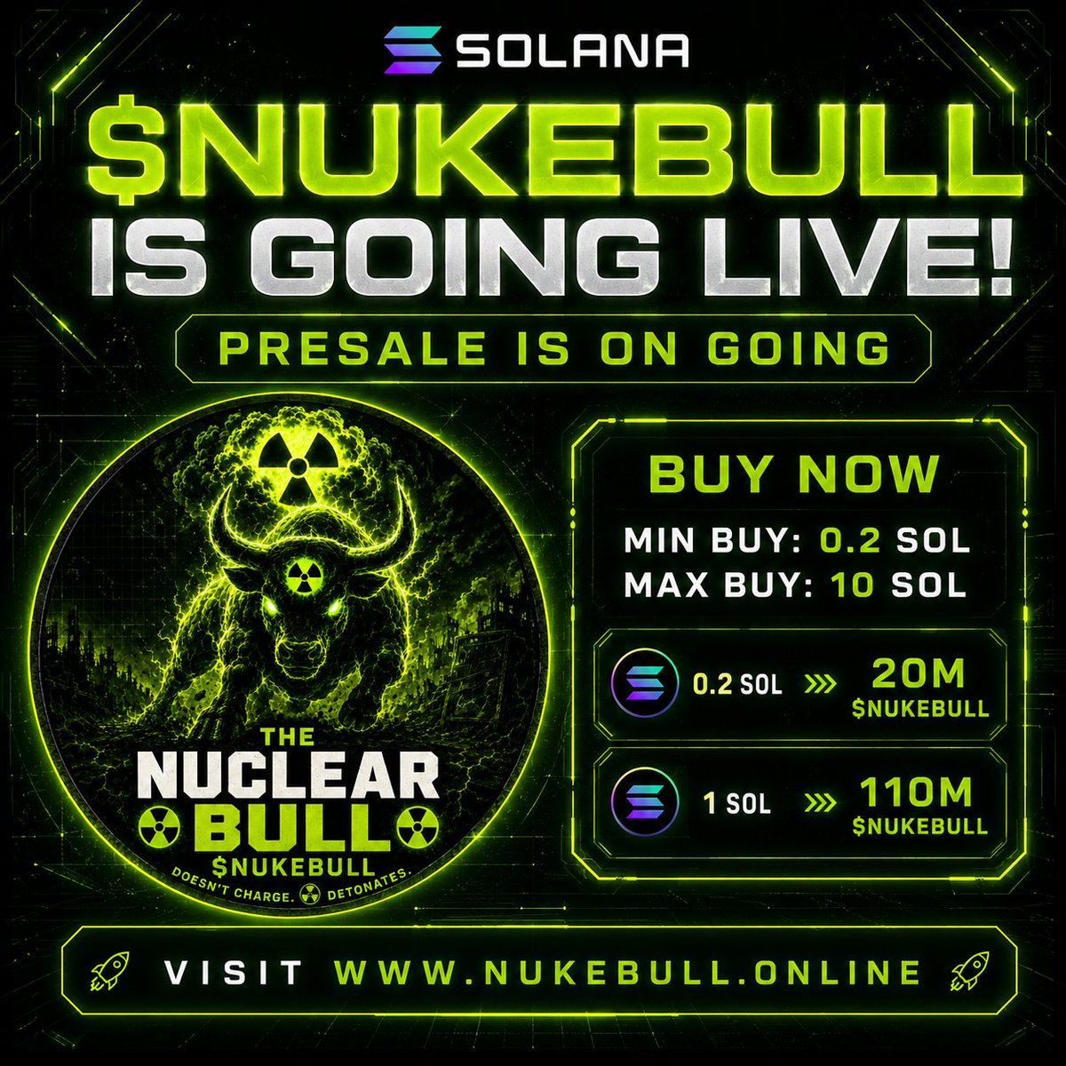 TheNukeBull's tweet photo. $NUKEBULL PRESALE IS LIVE!

Buy now: https://t.co/yNWWdWqlsT

Or buy on X send $SOL to this address:

DNHYLV8276boWCc4QtzaEQiiSikETJKVKWFzahu8QSaF

Min buy: 0.2 $SOL Max: 10 $SOL
 
1 $SOL => 110M $NUKEBULL

Drop your solana address 👇

Rt &amp; Like https://t.co/gYabOox6oO