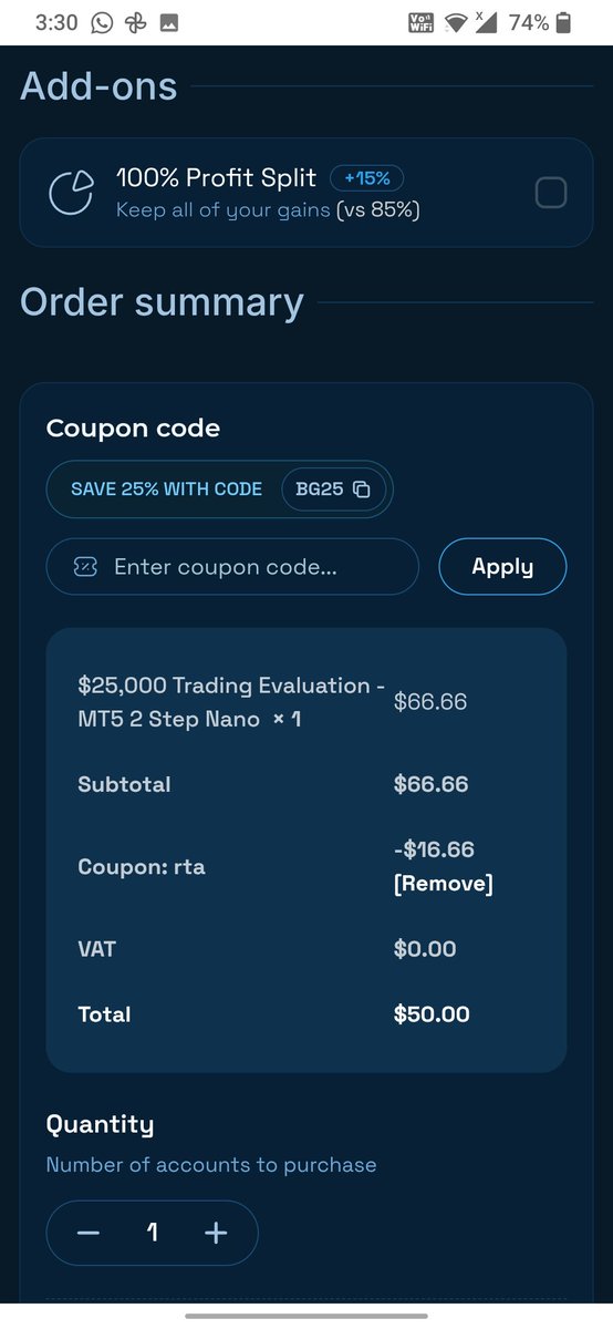 Ankit1591953's tweet photo. BlueGuardian 25k for just $50 🤯

It's their CFD Nano model

Target- 8% + 5%
Max loss- 10%
80% Profit split
Payout cap 2% per cycle

Limited-time deal.
This offer is ending soon. 
Grab it before it’s gone.

CODE- RTA for 25% off
https://t.co/fk9mAj2O6i https://t.co/wmFbGeI05K