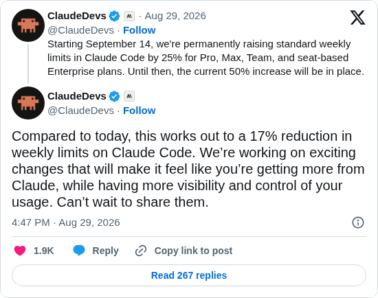 MewIC's tweet photo. ล่าสุด: 14 ก.ย. นี้ Claude Code ใช้ได้น้อยลง 17% จากตอนนี้

ตอนนี้ยังได้โบนัส 50% ตั้ง 14 ก.ย. โควต้ามาตรฐานถาวรขึ้น 25% จุดสำคัญคือเทียบวันนี้จะใช้ได้น้อยลง 17% ครับ

โควต้าสัปดาห์นี้ยังพอไหมครับ https://t.co/x80WgquO6i