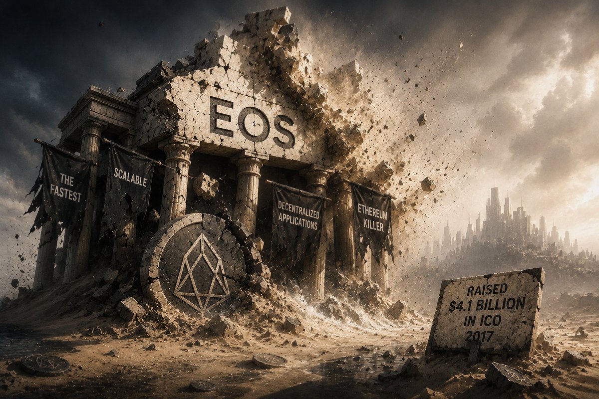 NylonMuskorea's tweet photo. 망한 레이어1 코인들 ②
EOS — 40억 달러를 모으고도 망할 수 있다

코인 역사에서 가장 이해하기 어려운 실패작을 하나 고르라면 저는 EOS를 꼽습니다.

왜냐하면 이 프로젝트는 돈이 없어서 망한 것도,

기술력이 없어서 망한 것도 아니기 때문입니다.

2017년 EOS를 만든 https://t.co/lZ3FChvPD8은 무려 1년 동안 ICO를 진행했습니다.

그리고 모인 돈은 약

41억 달러.

당시 기준 역대 최대 규모의 ICO였습니다.

https://t.co/S8fvZMYk4O

지금 생각해도 엄청난 돈입니다.

요즘 스타트업처럼 투자금 몇천만 달러를 받은 정도가 아닙니다.

블록체인 하나 만들겠다고 40억 달러 넘게 모았습니다.

그런데 8년이 지난 지금,

EOS는 이름조차 사라졌습니다.

2025년 EOS Network는 Vaulta로 리브랜딩됐고,

EOS 토큰도 1:1로 A 토큰으로 교환되기 시작했습니다.

https://t.co/5nt0oZI5mk

더 충격적인 것은 가격입니다.

EOS는 2018년 한때 약 22.9달러까지 올라갔습니다.

현재 구 EOS 토큰 가격은 약 0.08달러 수준.

고점 대비 사실상 99% 이상 붕괴한 셈입니다.

https://t.co/okHp3YDLxz

그렇다면 대체

41억 달러는 어디로 갔고, EOS는 왜 실패했을까요?

⸻

① 처음에는 정말 Ethereum을 죽일 것처럼 보였습니다.

EOS가 등장했을 당시 Ethereum에는 명확한 문제가 있었습니다.

느렸습니다.

비쌌습니다.

사용자가 많아지면 네트워크가 막혔습니다.

EOS는 완전히 다른 방향을 제시했습니다.

DPoS.

Delegated Proof of Stake.

수많은 검증자가 경쟁하는 대신

토큰 보유자들이 21개의 Block Producer를 선출하고,

이들이 블록을 생성합니다.

덕분에 굉장히 빠른 처리속도와 사실상 무료에 가까운 거래를 구현할 수 있었습니다.

당시에는 상당히 혁신적으로 보였습니다.

Ethereum이

“탈중앙화를 지키면서 확장하자.”

였다면,

EOS는

“조금 중앙화되더라도 일단 빠르게 만들자.”

에 가까웠습니다.

지금 Solana가 추구하는 고성능 블록체인보다 훨씬 이전에

EOS가 먼저 대중적인 고성능 L1 시장을 노렸던 겁니다.

그런데 여기서 첫 번째 문제가 터집니다.

⸻

② 21명이 지배하는 블록체인은 생각보다 정치적이었습니다.

EOS의 Block Producer는 EOS 보유자들의 투표로 결정됩니다.

이론적으로는 민주적입니다.

그런데 현실에서는

대형 보유자,
거래소,
Block Producer들이

서로 표를 주고받을 수 있습니다.

결국 기술 경쟁보다

누가 더 많은 표를 확보하느냐

가 중요해졌습니다.

EOS가 해결하려 했던 것은 블록체인의 성능 문제였는데,

결과적으로 새로운 문제가 생겼습니다.

Governance.

TPS는 빨라졌지만,

탈중앙화에 대한 신뢰가 흔들리기 시작했습니다.

블록체인의 성능은 좋았는데

블록체인에서 가장 중요한

“누구를 믿어야 하는가?”

라는 문제가 다시 등장한 겁니다.

⸻

③ 그런데 진짜 문제는 따로 있었습니다.

41억 달러를 모은

https://t.co/lZ3FChvPD8입니다.

ICO 당시 https://t.co/lZ3FChvPD8은 EOSIO 소프트웨어를 개발하고 블록체인 생태계를 지원하겠다는 비전을 제시했습니다.

그런데 시간이 지나면서 EOS 커뮤니티와 https://t.co/lZ3FChvPD8 사이에 균열이 생기기 시작합니다.

결정적인 장면이 하나 있습니다.

https://t.co/lZ3FChvPD8은 2019년

Voice

라는 블록체인 SNS를 발표합니다.

시장에서는 당연히 생각했습니다.

“41억 달러를 모은 EOS 개발사가 직접 만드는 서비스니까 당연히 EOS Mainnet에서 돌아가겠지?”

그런데 아니었습니다.

2020년 https://t.co/lZ3FChvPD8은 Voice를 EOS Mainnet이 아니라

별도의 EOSIO 기반 블록체인에서 운영하겠다고 밝혔습니다.

https://t.co/uE2sSPY8FK

자기가 만든 생태계의 대표 애플리케이션조차

자기 Mainnet을 사용하지 않은 겁니다.

저는 이 사건이 EOS의 문제를 상징적으로 보여준다고 생각합니다.

⸻

④ 결국 개발사와 커뮤니티가 갈라졌습니다.

2021년에는 더 큰 사건이 벌어집니다.

EOS의 핵심 설계자였던

Dan Larimer가 https://t.co/lZ3FChvPD8을 떠납니다.

https://t.co/o8Su6qsF8D

그리고 같은 해 EOS 커뮤니티는 결국 https://t.co/lZ3FChvPD8과 사실상 결별합니다.

EOS Block Producer들은 https://t.co/lZ3FChvPD8에 지급될 예정이었던 EOS 토큰의 vesting을 중단했습니다.

커뮤니티에서는

“https://t.co/lZ3FChvPD8이 EOS에 약속했던 지원을 제대로 하지 않았다”

는 불만이 폭발했습니다.

https://t.co/2D22w8Ia5p

이쯤 되면 상당히 기묘한 상황입니다.

41억 달러를 모은 회사가 있고,

그 회사가 만든 블록체인이 있는데,

정작 그 블록체인 커뮤니티가

그 회사를 쫓아낸 겁니다.

⸻

⑤ 더 아이러니한 것은 https://t.co/lZ3FChvPD8 자체가 돈이 없었던 것도 아니라는 겁니다.

https://t.co/lZ3FChvPD8은 이후 암호화폐 거래소

Bullish

에 막대한 자본을 투입합니다.

2021년 공개된 자료를 보면

https://t.co/lZ3FChvPD8은 Bullish에

1억 달러 현금,

164,000 BTC

그리고 2,000만 EOS를 초기 자본으로 제공했습니다.

https://t.co/GWzagAf7oJ

이게 EOS 투자자 입장에서는 굉장히 씁쓸한 부분입니다.

돈이 없어서 개발을 못 한 것이 아닙니다.

돈은 있었습니다.

그런데 그 자본과 사업의 중심이

EOS 생태계 성장으로 연결되지 않았습니다.

⸻

그리고 여기서 EOS와 Solana의 차이가 극명하게 드러납니다.

Solana 역시 엄청난 위기를 겪었습니다.

FTX가 무너졌고,

SOL 가격이 폭락했고,

Sam Bankman-Fried와 너무 가까운 프로젝트라는 비판까지 받았습니다.

그런데 FTX가 사라진 뒤에도

Solana는 남았습니다.

왜냐하면

Jupiter도 있었고,

Jito도 있었고,

Kamino도 있었고,

Phantom도 있었고,

수많은 개발자와 사용자가 있었기 때문입니다.

Solana ≠ FTX였습니다.

반면 EOS는 오랫동안

EOS ≒ https://t.co/lZ3FChvPD8

이라는 구조에서 벗어나지 못했습니다.

그리고 https://t.co/lZ3FChvPD8이 다른 곳을 바라보기 시작하자

생태계 전체가 방향을 잃었습니다.

⸻

결국 EOS 커뮤니티는 살아남기 위해 프로젝트를 다시 가져왔습니다.

EOS Network Foundation이 생겼고,

https://t.co/lZ3FChvPD8으로부터 독립해 개발을 이어갔습니다.

그리고 2025년에는 아예

EOS라는 이름까지 버렸습니다.

새로운 이름은

Vaulta.

토큰도

EOS → A

로 교체했습니다.

다만 중요한 점이 있습니다.

이것은 새로운 블록체인을 만든 것이 아닙니다.

기존 EOS Mainnet과 상태 기록을 그대로 유지한 채

브랜드와 전략을 바꾼 것입니다.

Vaulta는 이제 과거의

“Ethereum Killer”

라는 꿈 대신

Web3 Banking

을 새로운 방향으로 내세우고 있습니다.

https://t.co/1fmrzZRXNj

2026년 현재 A의 시가총액은 약 1.3억 달러 수준입니다.

https://t.co/7am3Z3KZX0

한때 41억 달러를 조달하고 세계 최대 블록체인 프로젝트 중 하나로 평가받았던 생태계의 현재 모습입니다.

⸻

그래서 저는 EOS의 실패가 Polkadot보다 더 중요한 교훈을 준다고 생각합니다.

Polkadot의 문제는

너무 복잡한 기술을 먼저 만들고 사용자를 나중에 찾았다는 것

에 가까웠습니다.

EOS는 다릅니다.

돈도 있었습니다.

유명한 창업자도 있었습니다.

기술도 있었습니다.

빠른 네트워크도 있었습니다.

시장 관심도 엄청났습니다.

심지어 경쟁자인 Ethereum에는 당시 명확한 약점까지 있었습니다.

그런데도 실패했습니다.

왜일까요?

돈이 생태계를 만드는 것이 아니기 때문입니다.

자본은 개발자를 고용할 수 있습니다.

광고도 할 수 있습니다.

거래소에 상장할 수도 있습니다.

컨퍼런스도 열 수 있습니다.

하지만

사용자가 자발적으로 머무는 생태계는 돈만으로 살 수 없습니다.

앱이 생기고,

사용자가 들어오고,

유동성이 들어오고,

개발자가 돈을 벌고,

그 성공을 보고 다시 개발자가 들어오는

이 순환이 만들어져야 합니다.

저는 블록체인 투자에서 이것을 굉장히 중요하게 봅니다.

얼마를 투자받았는가보다
그 돈 없이도 생태계가 돌아갈 수 있는가.

EOS는 무려 41억 달러를 모았습니다.

하지만 결국

41억 달러짜리 회사는 만들었어도
41억 달러짜리 네트워크 효과는 만들지 못했습니다.

그리고 블록체인 시장은 그 차이에 아주 잔인하게 가격을 매겼습니다.

고점 대비 99% 이상 하락.

심지어 이제

EOS라는 이름조차 사라졌습니다.

블록체인 역사상 가장 많은 돈을 모은 프로젝트 중 하나가 남긴 교훈은 의외로 단순합니다.

돈으로 네트워크를 만들 수는 있어도,
네트워크 효과까지 살 수는 없다.

여러분의 생각을 댓글로 들려주세요 :)