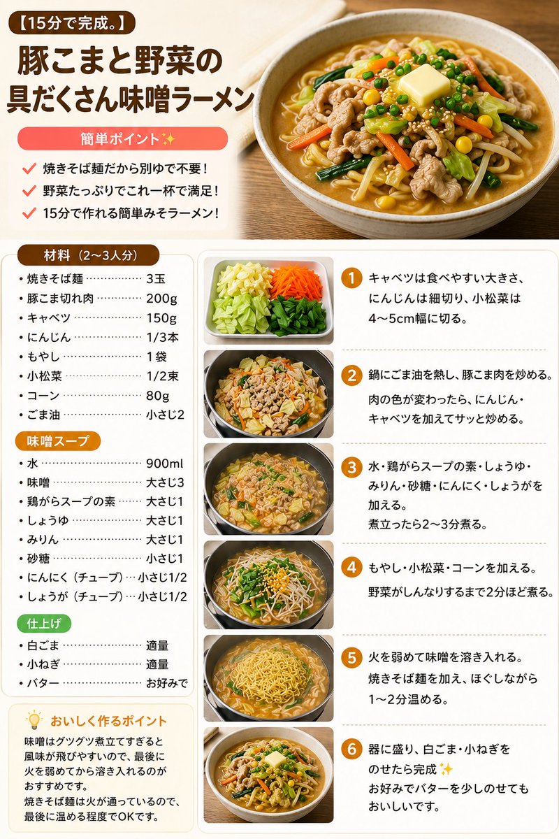 MYUMIHOSHItoz's tweet photo. ラーメン食べたいけど
野菜もちゃんと食べてほしい
そんな日はこれ😊☝️

焼きそば麺を使うから別ゆで不要！

豚こまとキャベツ、もやし、小松菜、にんじん、コーンまで入った具だくさん味噌ラーメンです✨

野菜の甘みと豚肉の旨みがスープに溶けて
家で作ったとは思えない満足感⭕️

これ一杯でお腹いっぱいになるので
忙しい日のごはんにもおすすめです♪
