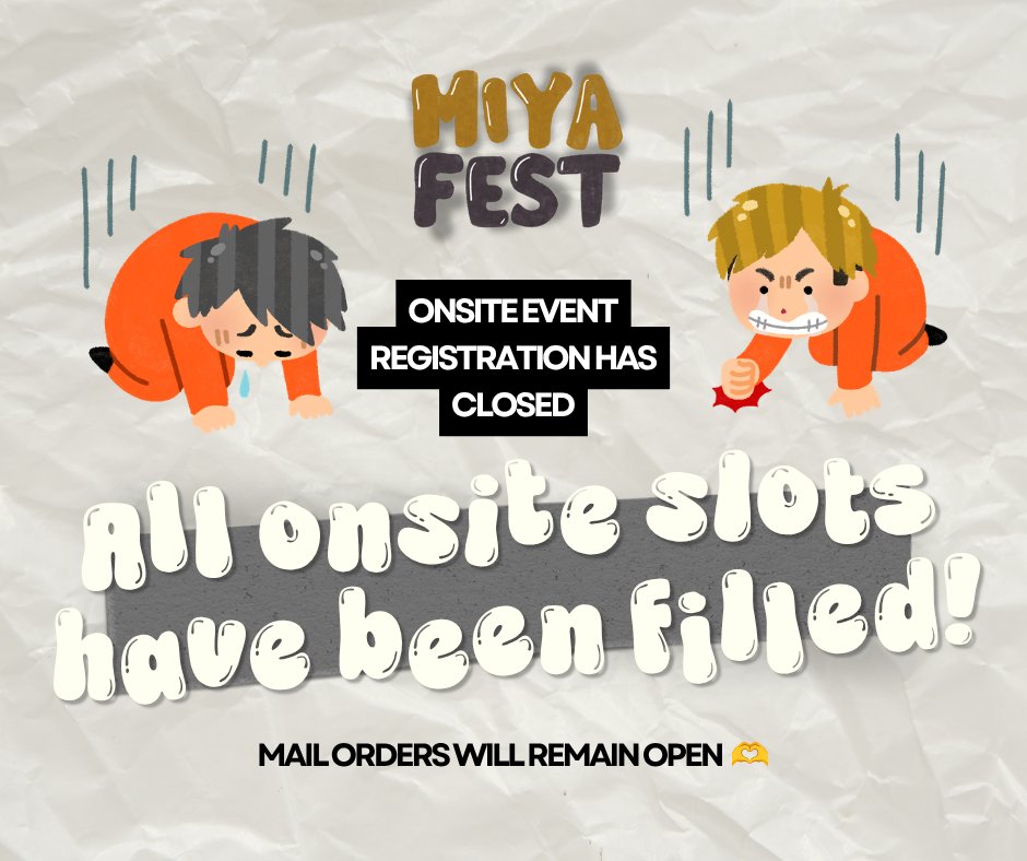 inarizakicse's tweet photo. It's official—all slots have been filled! 📝

The twins are thankful for your love, but they're sad to hear that a lot of you missed your chance to make it to their party ❤️‍🩹🥲 Fret not, we can still get you to #MiyaFest!

ROUND TWO WAITLIST: https://t.co/9xAoYBooh5

#MiyaTwinsCSE https://t.co/izF0WbmIuS