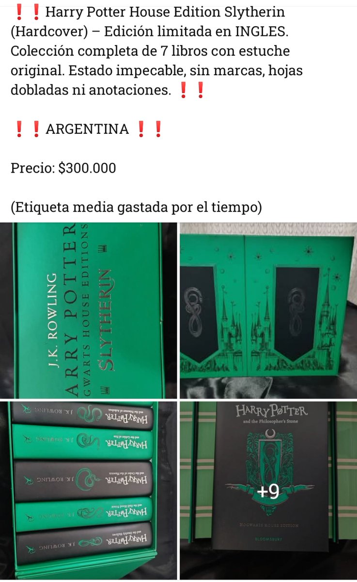 lovessfuyu's tweet photo. ❗❗Harry Potter House Edition Slytherin (Hardcover) – Edición limitada en inglés. Colección completa de 7 libros con estuche original. Estado impecable, sin marcas, hojas dobladas ni anotaciones. ❗❗
❗❗ARGENTINA ❗❗
Precio: $370.000
@EiProfeta @Harry_Potter_TM
#harrypotter https://t.co/FpAonCuIdT