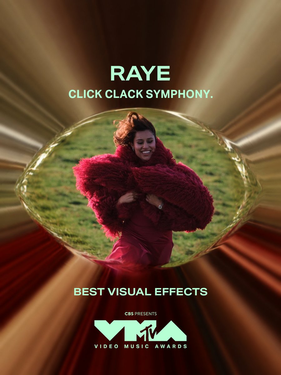 RayeChina's tweet photo. 🏆 RAYE has received 2 nominations at the 2026 #VMAs!

• Song of the Year (“WHERE IS MY HUSBAND!”)
• Best Visual Effects (“Click Clack Symphony.”)

🔗 Vote here: https://t.co/4gApJTdfRC
🗳️ You can vote every day!

— The ceremony airs on September 27 on CBS and Paramount+ https://t.co/WJZk3VkO82