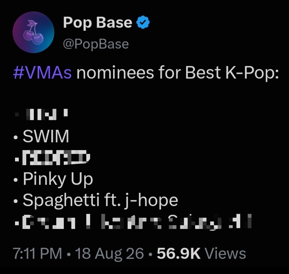 amlysbang's tweet photo. The problem isn't that BTS is nominated for Best K-Pop. The problem is that award shows continue to insist on putting BTS in a regional box in the first place.

"SWIM" is nominated for Song of the Year at the VMAs. It is competing in one of the ceremony's biggest general categories and yet it is simultaneously placed in Best K-Pop. Why?

Because of its sound? Its language? Its musical composition? Or simply because the artists are Korean? And this is exactly why the existence of these categories deserves scrutiny.

BTS's rise is inseparable from the global explosion of K-Pop, but that does not mean every piece of music they make should automatically be regionally classified as K-Pop. And the most telling part? There is almost never any real transparency about how these decisions are made.

Why is “SWIM” K-Pop? Why is “Pinky Up” K-Pop? What is the actual criterion?

If the answer is geography, then we're quite literally dividing music by region. Because you cannot keep calling something a genre while using it as a regional compartment.