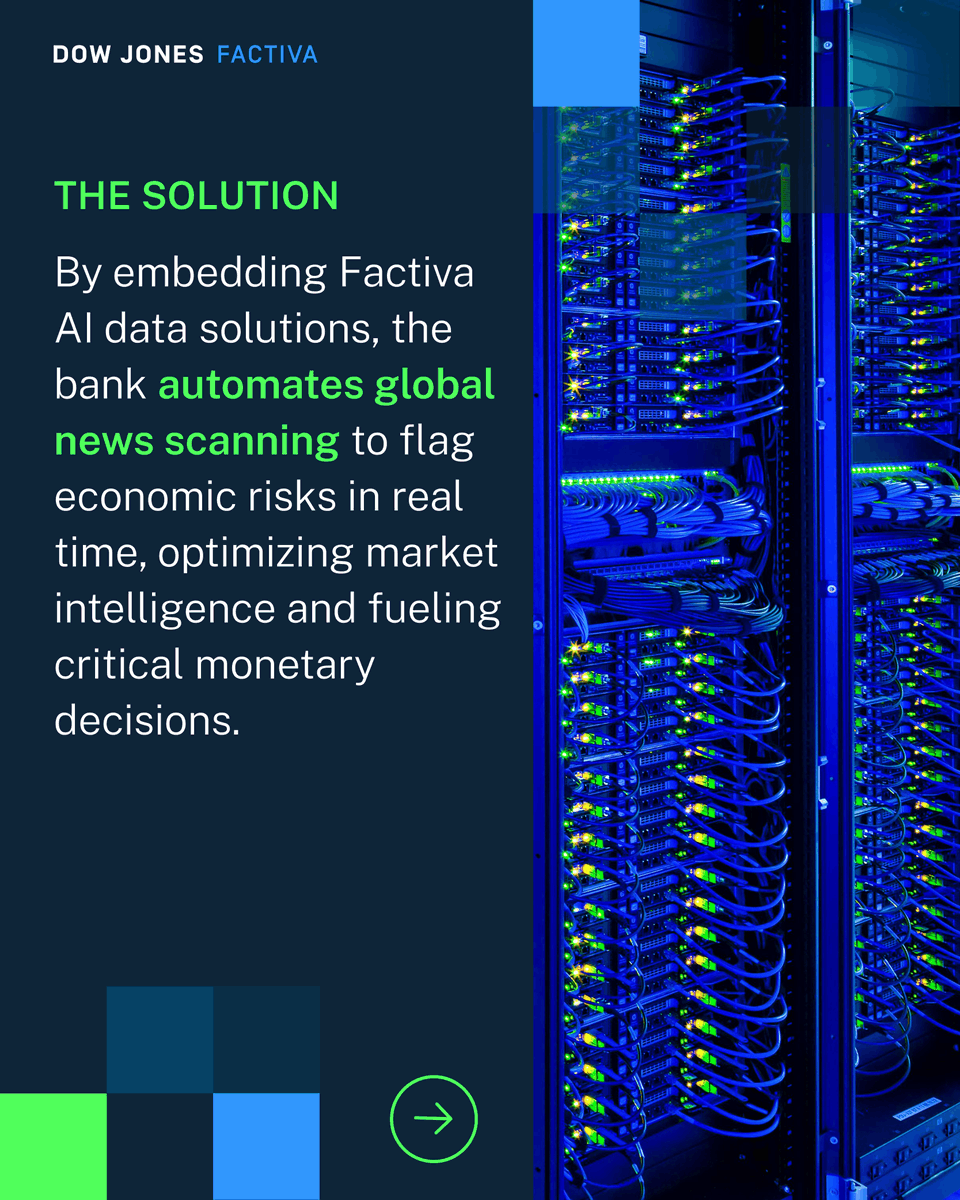 DowJones's tweet photo. To track macroeconomic risks, a top bank embedded Factiva AI Data Solutions into its tech—using dual AI models to scan global news in real time &amp; power critical decisions: 
https://t.co/ZSM87ZoWav https://t.co/0krT9kY6Kj
