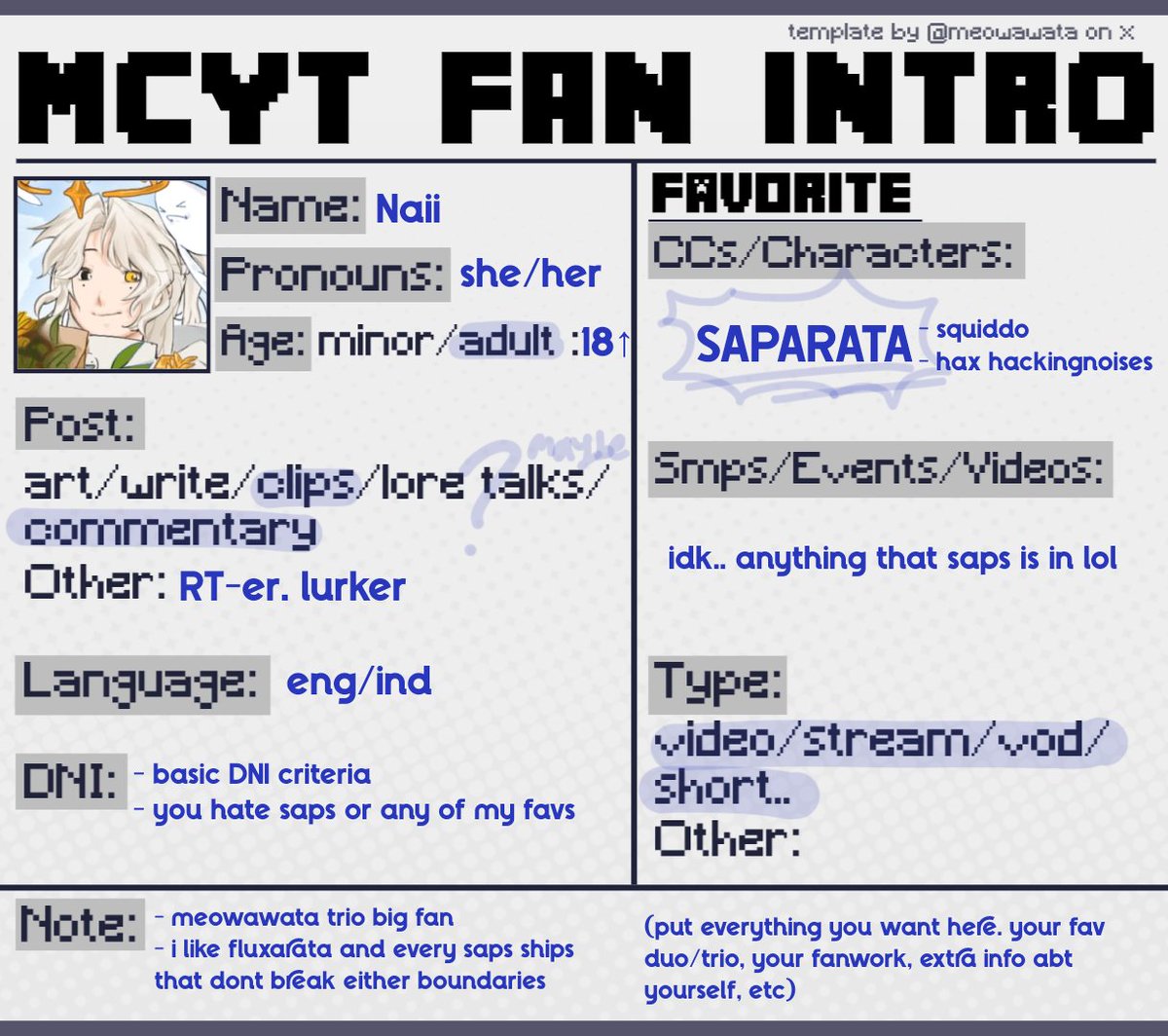 meowawata's tweet photo. finished version of the intro sheet template. feel free to use it :D

you can change the template color by using a blending mode on ibispaint

2nd slide is the example https://t.co/VWqmD9s33I