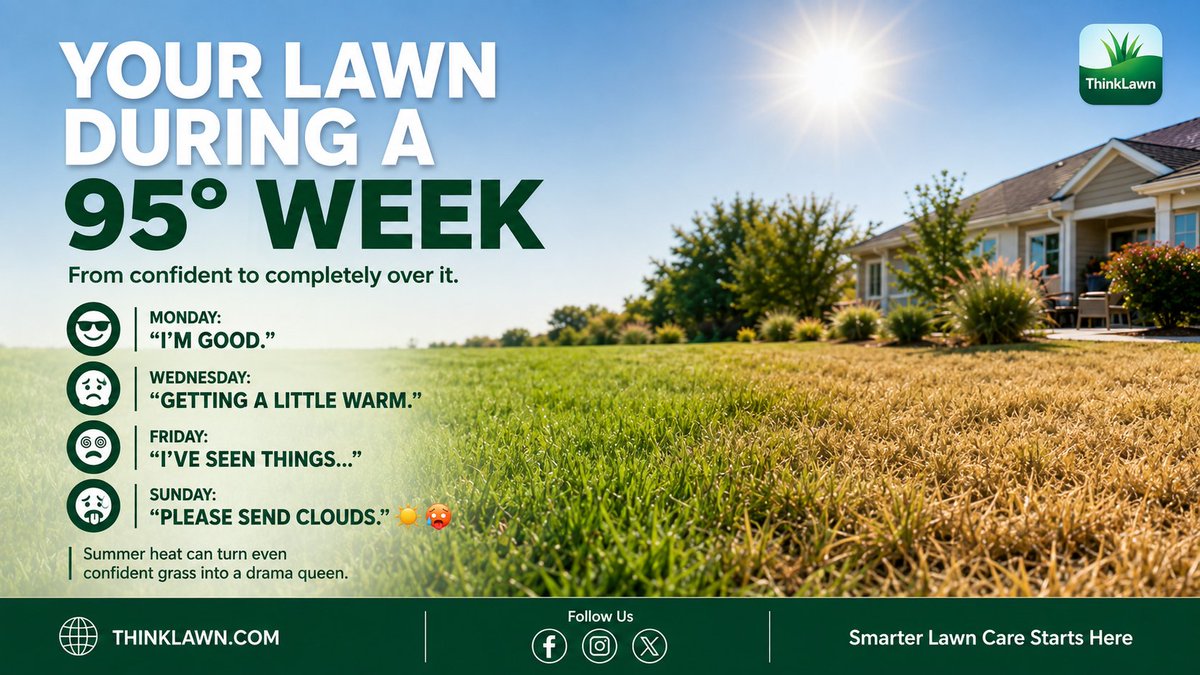 ThinkLawnAI's tweet photo. Your lawn during a 95-degree week 😂

Monday: "I'm good."
Wednesday: "Getting a little warm."
Friday: "I've seen things..."
Sunday: "Please send clouds." ☀️🥵

Summer heat can turn even confident grass into a drama queen.

#LawnMeme #SummerLawn #LawnCare #GrassCare #ThinkLawn https://t.co/DaaUDgMoYp