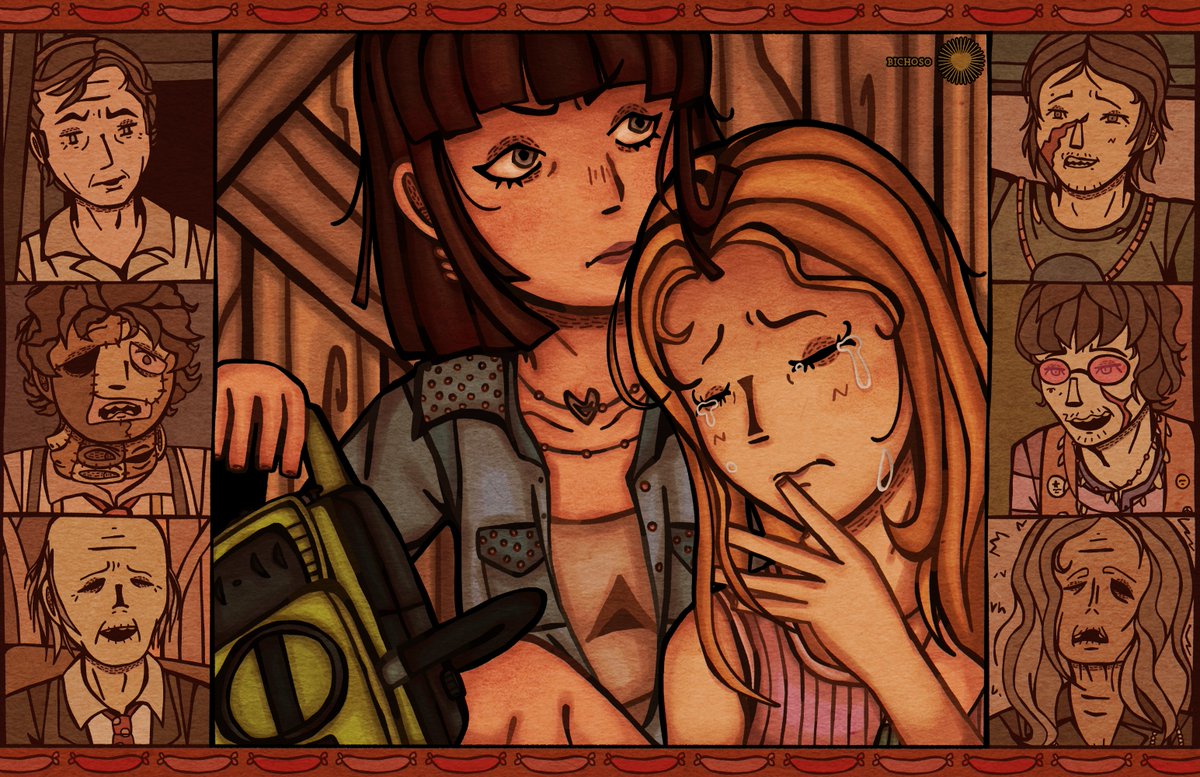 bich0so's tweet photo. HAPPY TEXAS CHAINSAW MASSACRE DAY!! 🔨🩸

I wanted to celebrate both anniversaries with a drawing featuring the final girls! The mini scenes for each Sawyer are a compilation of moments from the films, as if they were reliving those traumas 😵‍💫

#texaschainsawmassacre #tcm https://t.co/jhNYNi8e9Z