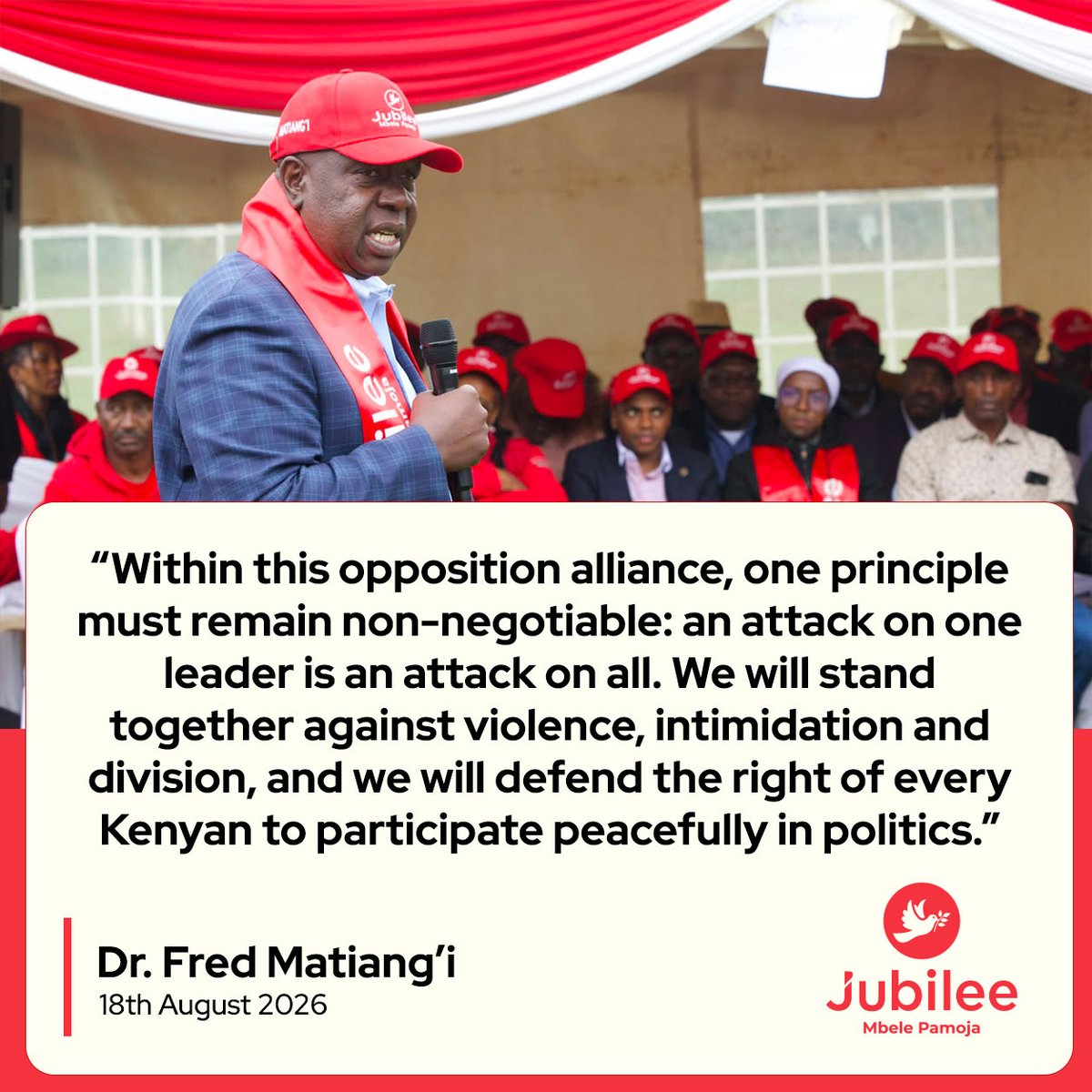 RealMatiangi's tweet photo. Tunaweza kutofautiana kisiasa bila kuwa maadui.
Tusimame pamoja dhidi ya intimidation, violence na politics of division.
#MbelePamoja #LetsFixIt https://t.co/RanNcabEjT