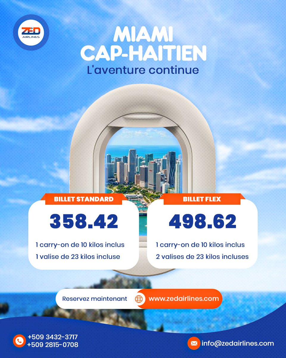 zedairlines's tweet photo. Voyagez entre Miami et Cap-Haïtien à un tarif encore plus avantageux ! 
Profitez de notre nouveau tarif et réservez dès maintenant votre prochain voyage avec ZED Airlines.
#MiamiCap #Haïti #voyage #flight https://t.co/wIRlvqlHxR