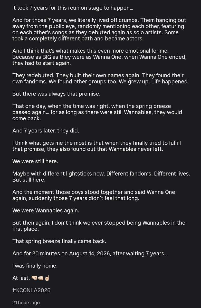 pinkeupjh's tweet photo. casually scrolled on reels and stumbled upon a reels from wannables attending kcon, took time to read the caption and im in shambles on how beautiful and spot on it is😭

"for 20 minutes on aug 14 2026, after waiting for 7 years, i was finally home" 

🔗 https://t.co/DimkVPw52X https://t.co/4ZSv81OVkd