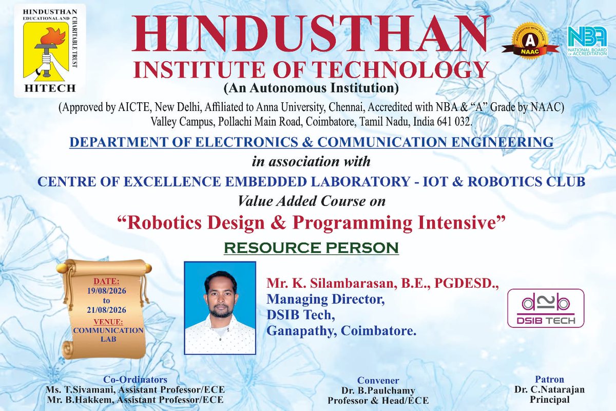 hecthitech's tweet photo. The Department of Electronics &amp; Communication Engineering, Hindusthan Institute of Technology, in association with the Centre of Excellence Embedded Laboratory – IoT &amp; Robotics Club, proudly presents a Value Added Course on “Robotics Design &amp; Programming Intensive���. https://t.co/41h6EfIV4x