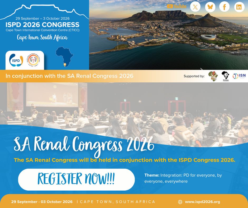 ISPDCongress's tweet photo. 🇿🇦 Two leading renal congresses. One exceptional opportunity to connect, learn and collaborate.

👉 Visit the SA Renal Congress 2026 page for more information - https://t.co/mDccsZo1tf

#ISPD26 #ISPDCongress #PeritonealDialysis #RenalCare #Nephrology https://t.co/Mgdq2OhIOz