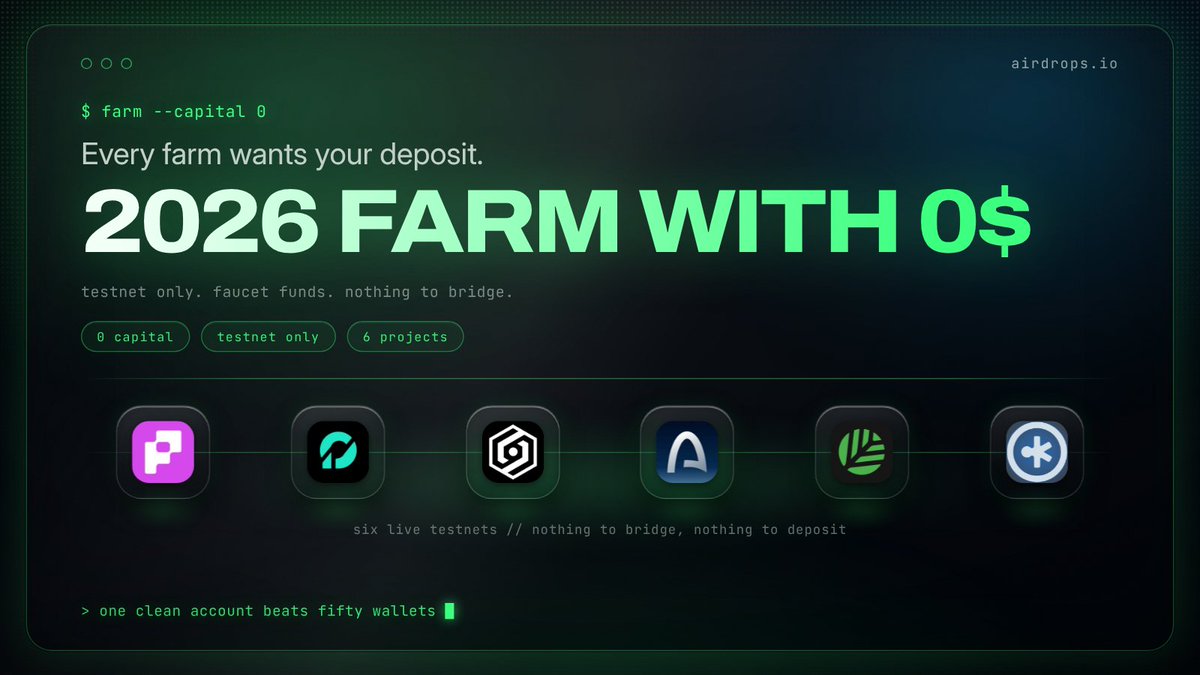 airdrops_io's tweet photo. Best 2026 Testnets you can farm with 0$

FREE only, faucet funds, no bridge risk. Ranked by how confirmed the token actually is.

🥇@Wager_Predict, the only one on this list with a TGE this month:

> 10% of the 30B $WP supply, written into official tokenomics.
> TGE this month and 0$ cost
> Prediction-Market meta is on the ride, make sure to fly in!

😡Risk: Bots farming volumes. This is not a volume farm, do not grind it - better to use different markets & niches.

🥈@PushChain, the biggest free allocation nobody talks about:

> 10% of a 10B supply, split across multiple seasons starting at TGE
> Season 3 is live now but competition at the low LVL!
> Daily check-ins, quests, Spin 2 Win, Rare Passes burn at TGE for Shiny Pass odds - quite fascinating

😡 Risk: TGE date still unannounced, but the Season3 hints at the imminent end of the farm

🥉@orbinumnetwork, the cleanest deadline on the list:

> Confirmed 20,000,000 ORB, 2% of supply, distributed Q4 2026
> Weekly streaks stack up to a 1.5x multiplier.
> Snapshot lands 14 days before mainnet  - u have time to get in TOP!

😡 Risk: Streaks only pay if you actually keep them - try not to lose it

🥧@Arc, the one with a public company behind it:

> Circle's own L1
> $222M raised, 10B supply, 60% earmarked for ecosystem - token sales, grants, growth programs
> Free daily testnet USDC from Circle's faucet.
> Add via Chainlist, transact, deploy, mint, register domains - not just volumes.

😡Risk: The token was presold to institutions in May 2026, and community rewards remain undiscussed.

🥦@CNPYNetwork, free infra farming instead of free clicking:

> $8.5M from Arrington, Fenbushi, Borderless and SNZ
> You can deploy your own sovereign testnet L1 at zero cost - that is the farm, not the daily check-in.

😡Risk: points-to-$CNPY conversion formula has not been announced yet.

🀄️@sekai_fi , the earliest thing here:
> Liquid staking on HyperEVM
> Testnet since June 2026, and there is still no points program running  - we are early!
> Community funded through the Kappas NFT mint, not a VC round - hope for a good distribution.

😡Risk: no token, no ticker, no timeline, no points yet. You are farming on the assumption a program appears later

Full guides for all six are on @airdrops_io