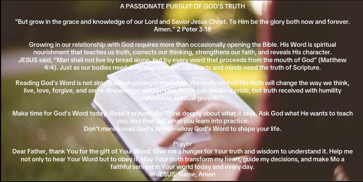 JesusSojourner's tweet photo. A PASSIONATE PURSUIT OF GOD’S TRUTH

“But grow in the grace and knowledge of our Lord and Savior Jesus Christ. To Him be the glory both now and forever. Amen.” 2 Peter 3:18

Growing in our relationship with God requires more than occasionally opening the Bible. His Word is… https://t.co/el1SFogBvB