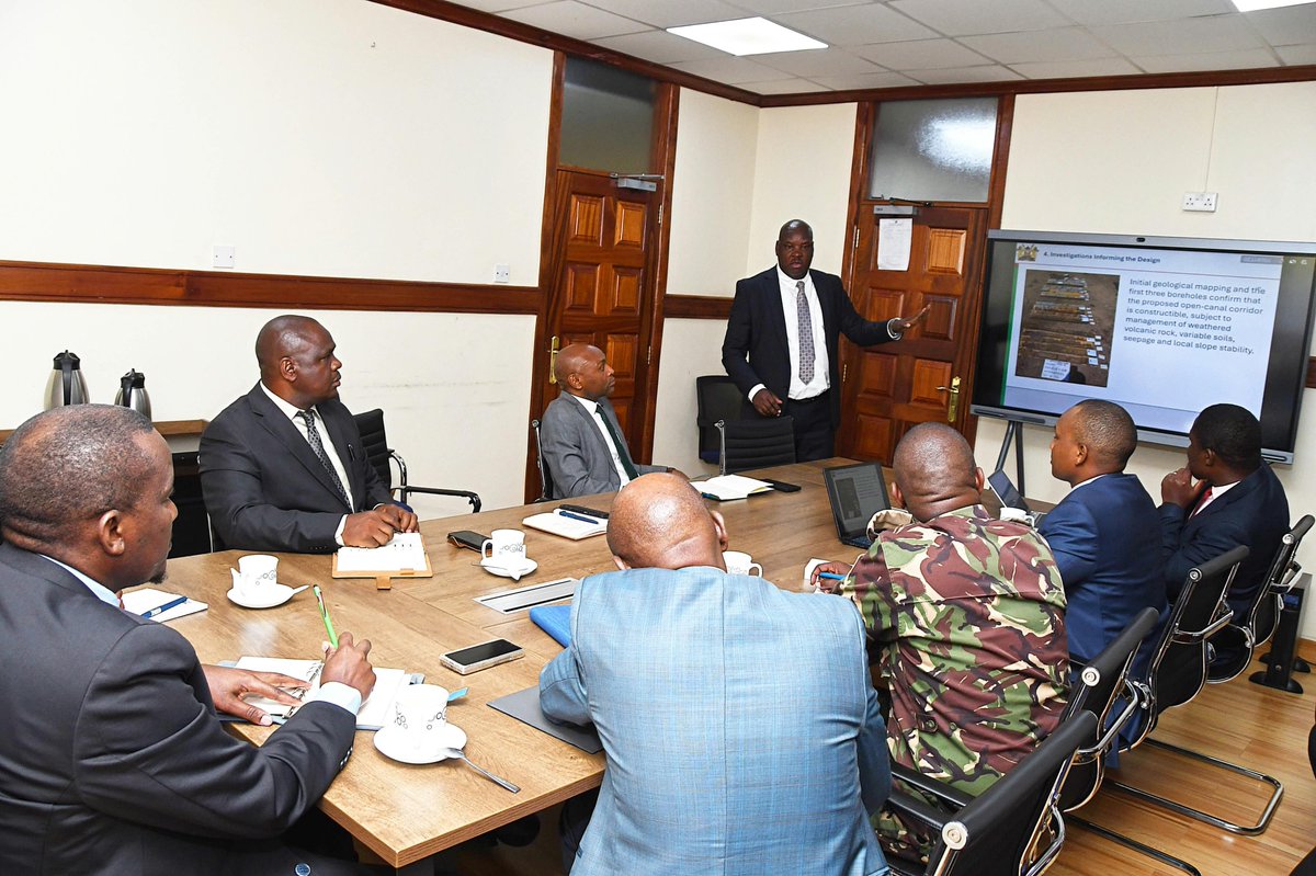 EphantusKim's tweet photo. I today hosted my counterpart, Principal Secretary for Defence Dr. Patrick Mariru, at the Ministry Headquarters for a follow-up meeting on the proposed Lake Baringo–Lake Bogoria water management and irrigation project.

The meeting followed technical consultations and a joint site assessment undertaken by the two State Departments to examine rising water levels in the lakes and explore opportunities to safely manage excess water while unlocking its potential for irrigation and agricultural development.

Technical assessments have identified feasible routes for controlled water evacuation from Lake Baringo towards the Kinyang/Ginyange River system and potential irrigation areas. The immediate intervention includes approximately 10.5 kilometres of open canal, complemented by tunnel/deep-cut sections for the longer-term irrigation component. Geotechnical and hydrological investigations are ongoing to inform detailed designs and phased construction.

The revised hydrological assessment, incorporating additional flows from the Waseges and Loboi rivers, estimates potential design flows of approximately 41 cubic metres per second. The Nginyang  River has also been assessed for its capacity to safely accommodate the diverted flows.

The project has the potential to unlock more than 100,000 acres of land for irrigation, significantly expanding agricultural production in Baringo and neighbouring areas. The additional water could support both large-scale and community-based irrigation, enabling farmers to transition from rain-fed agriculture to more reliable and climate-resilient production.

The State Department for Irrigation is leading the development of the irrigation component, including identification of command areas, water requirements, irrigation infrastructure and suitable agricultural value chains.

We will continue working with the Ministry of Defence and other relevant stakeholders to mobilise resources for detailed feasibility studies, environmental and social assessments, engineering designs and priority infrastructure works.

The initiative aligns with the Government's agenda of expanding irrigation, strengthening water security, enhancing climate resilience and increasing food production. It provides an opportunity to transform a significant water management challenge into a major driver of food security, employment creation and economic development in the region.