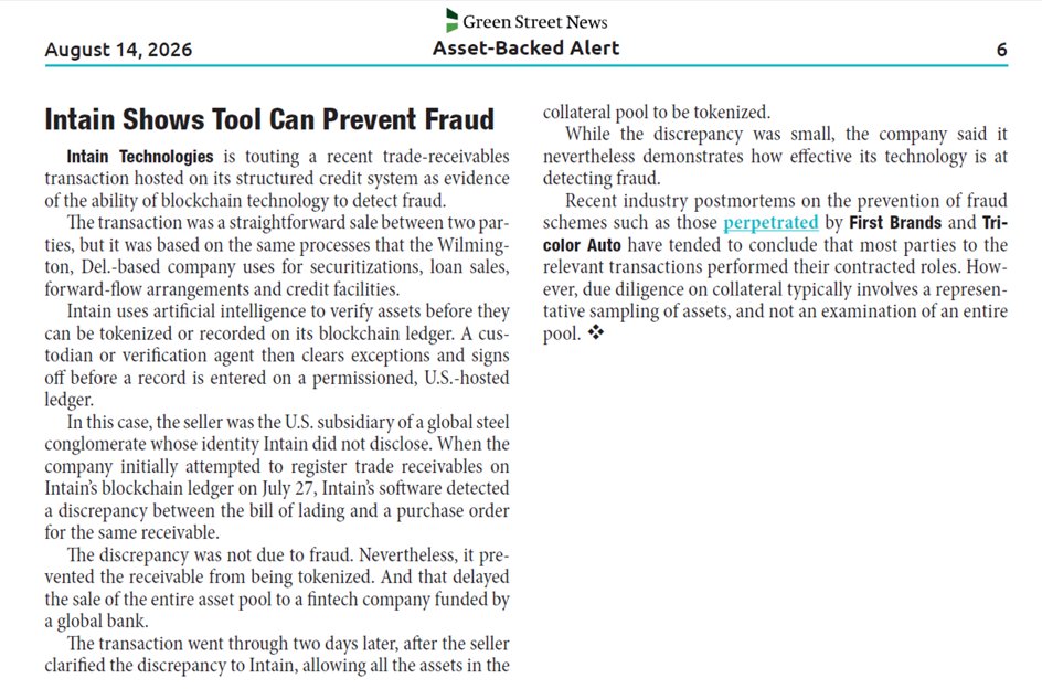 SidIntain1's tweet photo. Asset-Backed Finance does not have to accept #Tricolor, #firstbrands and #bankimbrahmbhatt simply as the cost of doing business. 

AI-enabled verification combined with a blockchain based asset-register will significantly mitigate the risk.

@intainft demonstrated this in a cross-border receivables transaction. 

@newsgreenstreet @SFAssociation