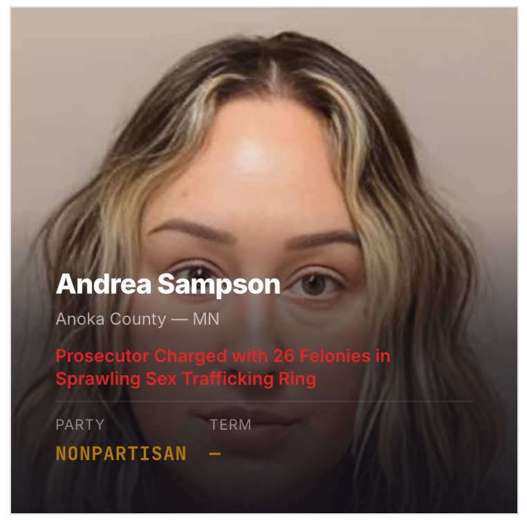 Pink_Meeces's tweet photo. NO WORDS.  

I seriously cannot think of an appropriate headline for the abhorrent crimes this woman was a part of.  

Assistant Anoka County Attorney Andrea Sampson has been hit with 26 felony counts for helping run a sprawling commercial sex trafficking ring in Minnesota.

Instead of enforcing the law, she was enabling the savage criminals.