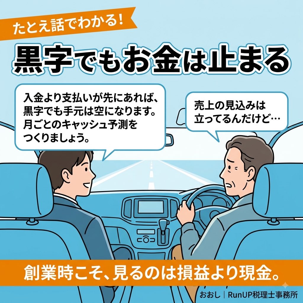 RunUPTaxAccount's tweet photo. 【創業融資の話】
起業でつまずくのは「最初いくらかかるか」より「いつ出ていくか」の把握不足です。
入金より先に支払いとなれば黒字でもお金は止まります。
月ごとの資金繰りをまず一年分作ろう。
#創業融資 #起業 #開業 #RunUP https://t.co/76EbIJKRet