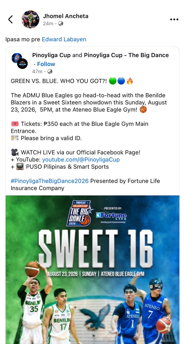 blueeaglefiles's tweet photo. Okay jhomel ancheta ipasa sayo ni edward labayen ang korona see you nalang sa sunday😆 https://t.co/TsSb1KAQVI