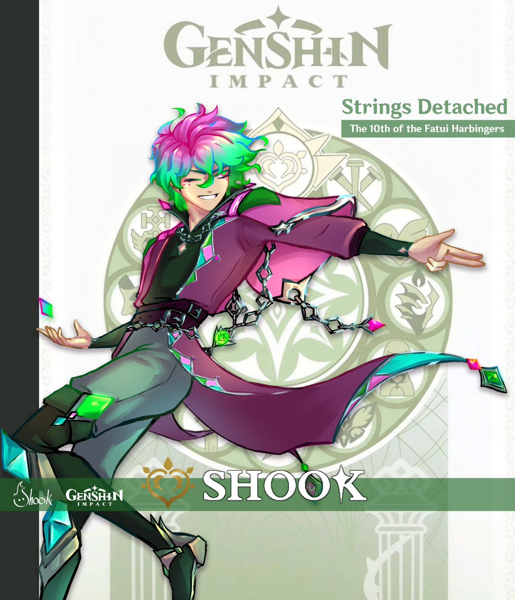puppetshook's tweet photo. A wooden puppet powered by a diamond shaped device called the "Plume" which enables him to disguise himself as a human with hologram technology. 

◆ Name: Shook 
◆ Title: Strings Detached 
◆ The 10th of the Fatui Harbingers 
◆ Vision: Dendro 

(OC)
#genshinimpact #genshinart https://t.co/Bxt0ojRgwj