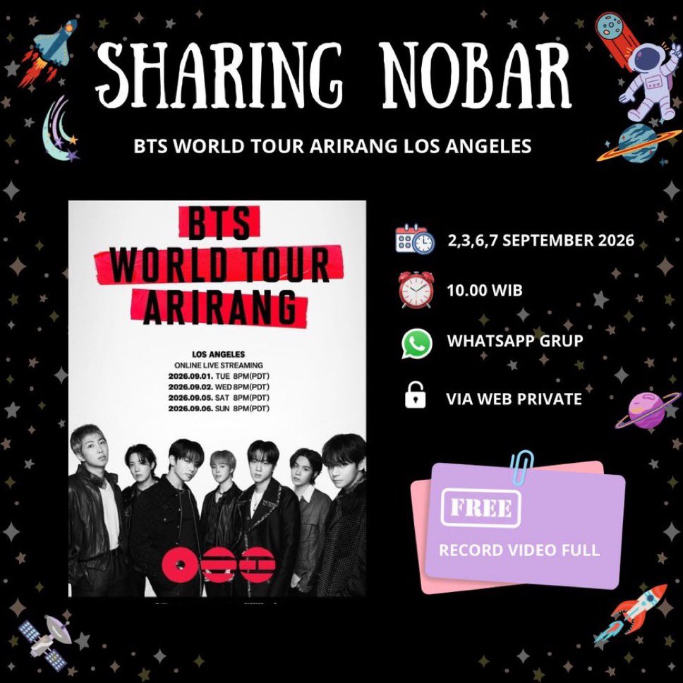 Kyustreamnobar's tweet photo. OPEN SHARING NOBAR BTS ARIRANG LOS ANGELES

💸 : 30k/4 hari (live+record)

📆 : 2-3, 6-7 September 2026
⏰ : 10.00 WIB

🔗 join isi form di bio

• Testi di pin
• Open sampai hari H

✅ HD 1080p
✅ Recors permanen
✅ 2 private web
✅ Trial sebelum konser https://t.co/9HQLIpjphl