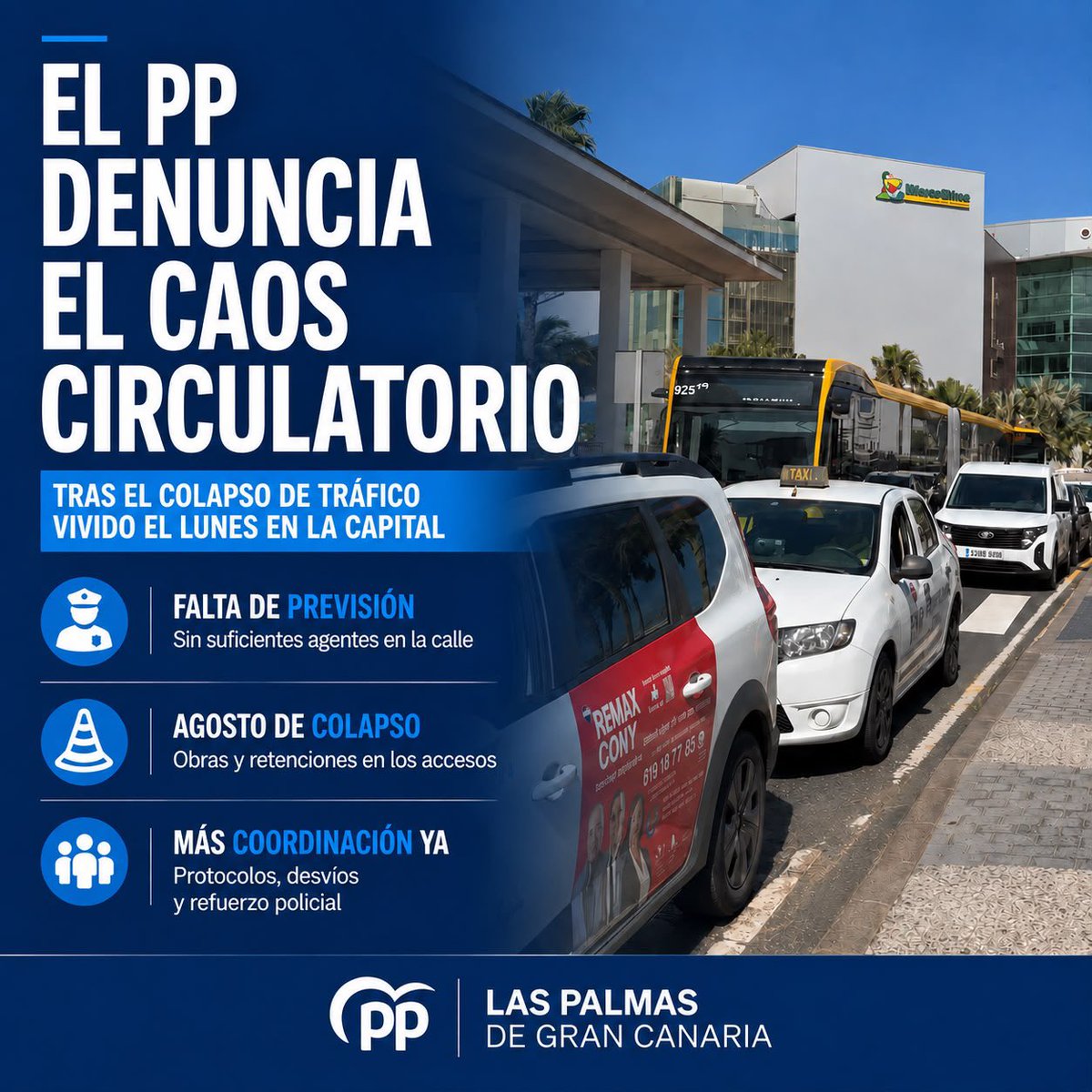 PPLPGC's tweet photo. 🚗 Denunciamos el caos circulatorio vivido ayer en #LPGC.

🚨 Horas de atascos y miles de vecinos atrapados ante la falta de previsión y respuesta del Ayuntamiento.

📢 A Carolina Darias le pedimos menos excusas y mucha más gestión. https://t.co/OsBzwEbN4V