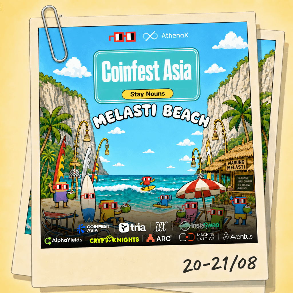 athenax_co's tweet photo. Bali, we're coming.

We are teaming up with @nounsdao for two full days at @CoinfestAsia, joined by our partners @useTria, @ProjectVEXai, @InstaSwap_io, @AventusNetwork, @AlphaYields_AI, @machinelattice, @TheARCTERMINAL, and @CryptoknightsHQ.

Find us at Melasti Beach, from morning to evening on August 20-21.

RSVP below. Stay Nouns. ⌐◨-◨