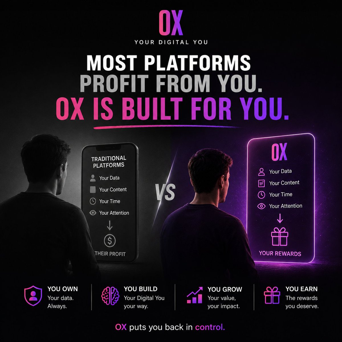 OXygean_app's tweet photo. Most platforms profit from you. OX is built for you. Own your data, build your Digital You, grow your value, and earn from what you create. Would you choose ownership? 👇

#OX #DigitalYou #AI #PersonalAI #OwnYourData https://t.co/WZFBQm5PTr
