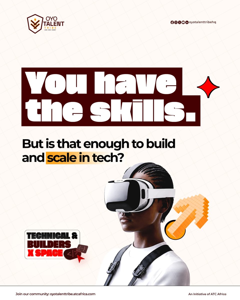 Oyotalenttribe's tweet photo. Building something that works in the real world requires more than technical skills.
That's the conversation we're starting ahead of our September X Space:
Building & Scaling: Beyond Skills.
Date: 18 September 2026.
Time: 6:00 PM WAT.
π X Space
#technicalbuilders https://t.co/0Uc1qGEqzC