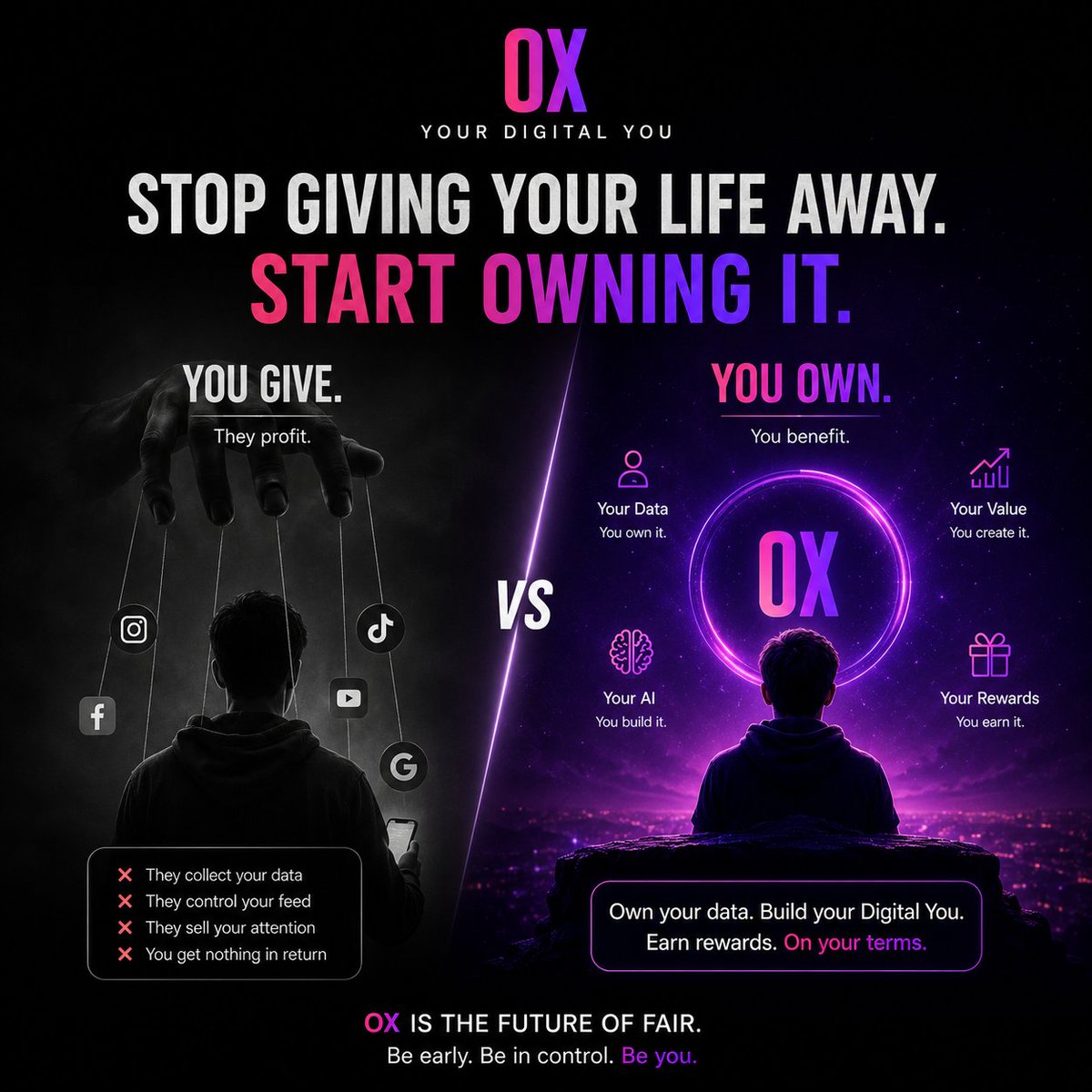OXygean_app's tweet photo. Stop giving your digital life away. Start owning it. Your data, your Digital You, your value, your rewards—on your terms. 💜 Tag someone who needs to see this.

#OX #DigitalYou #AI #PersonalAI #DataOwnership https://t.co/nul4k6O0WO