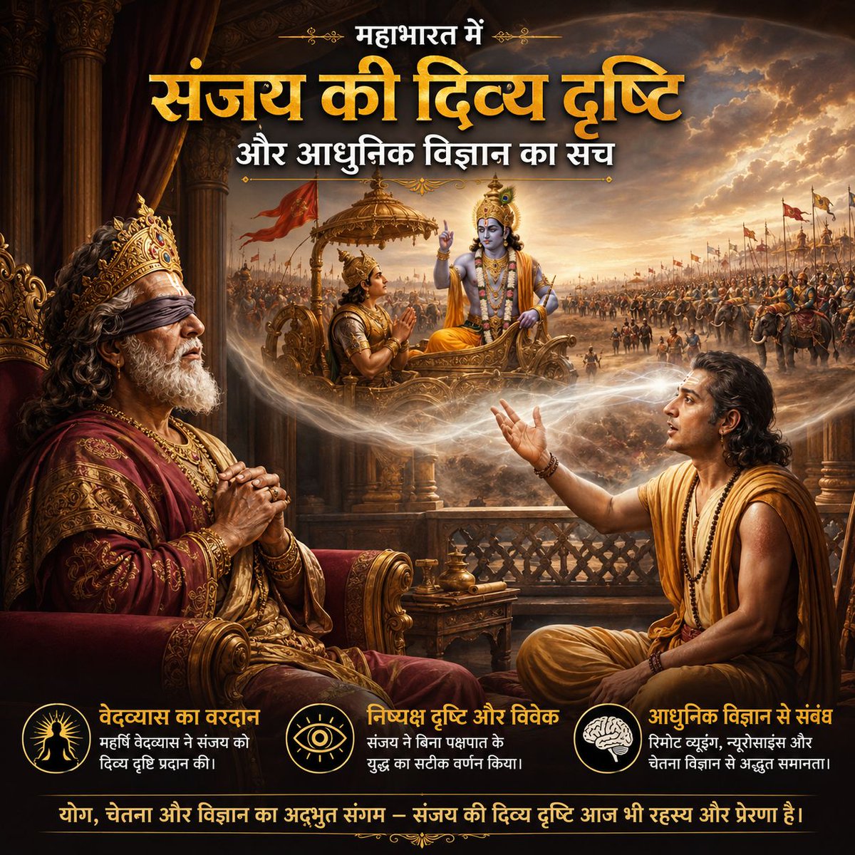 AzaadBharatOrg's tweet photo. महाभारत में संजय की दिव्य दृष्टि केवल रहस्य नहीं, गहरे चिंतन का विषय है। निष्पक्ष संजय दूर रहकर भी सत्य देख सके, जबकि मोहग्रस्त धृतराष्ट्र सामने होते हुए भी सत्य से वंचित रहे। शायद सच्ची दृष्टि आँखों से अधिक विवेक में होती है। पूरी पोस्ट पढ़े 👉🏻
https://t.co/yyybOY7F7d https://t.co/MgZ57eMPSM