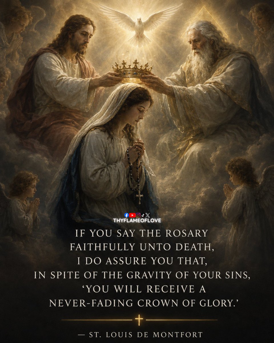 thyflameoflove's tweet photo. The Rosary is not a magic prayer that guarantees Heaven no matter how we live. Its power is that it keeps bringing us back to Jesus through Mary, helping us repent, trust God, and stay close to grace.

St. Louis de Montfort wrote, “If you say the Rosary faithfully unto death... you will receive a never-fading crown of glory.”

That promise points to perseverance. Scripture says the one who remains faithful will receive “the crown of life” (James 1:12). The Rosary helps train the heart to keep choosing God, even after failure.

💬 Do you believe faithfully praying the Rosary can truly change the direction of a person’s life?