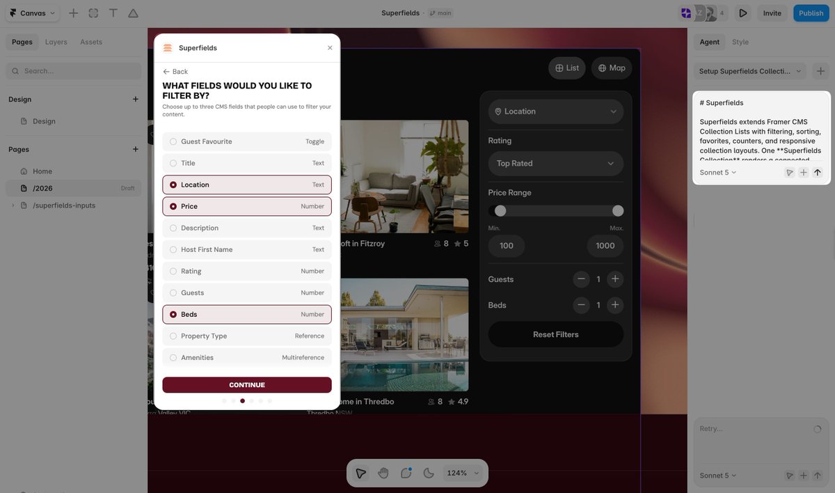 insertframe's tweet photo. Advanced CMS filtering usually comes with advanced setup.

We didn’t want that.

Choose your Framer collection.
Choose the fields.
Choose how each filter should look.

Superfields prepares the page and hands the final setup to @Framer Agent ✨ https://t.co/USdydJuwoN