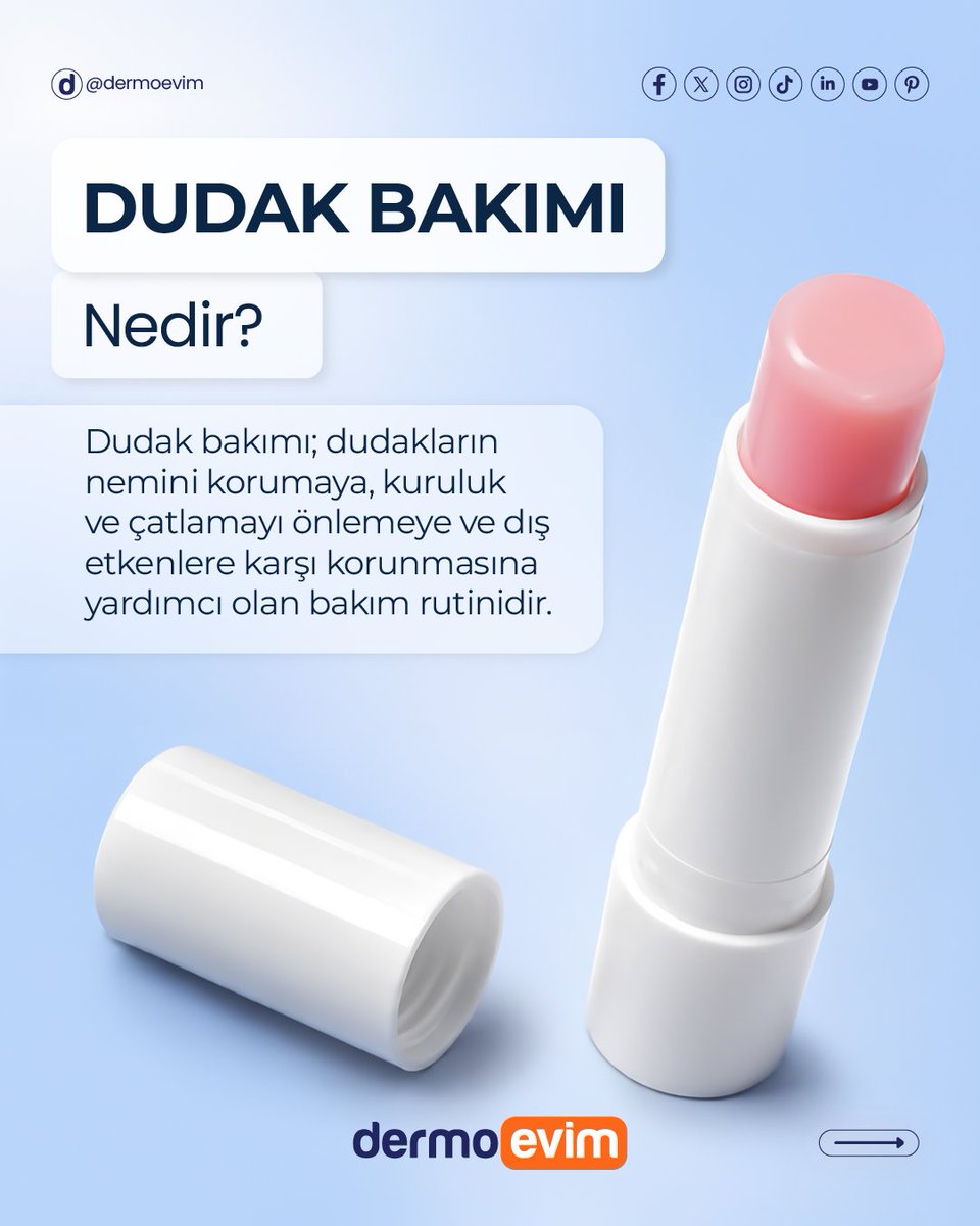 dermoevimtr's tweet photo. Dudaklarınız gün boyunca güneş, rüzgâr, soğuk ve kuru hava gibi birçok dış etkene maruz kalır. Bu nedenle dudakları nemlendirmek ve korumak, günlük bakım rutininin önemli bir parçasıdır. ✨

Düzenli dudak bakımı ile:
💧 Nemli ve yumuşak bir görünüm desteklenebilir.
💋 Kuruluk ve çatlama oluşumunun önüne geçmeye yardımcı olunabilir.
🛡️ Dudakların dış etkenlere karşı korunması desteklenebilir.
✨ Daha pürüzsüz ve bakımlı bir görünüm elde edilebilir.

Küçük bir bakım dokunuşu, daha bakımlı dudaklar! 💗

🌸 Dudak bakımı ürünlerini Dermoevim'den seçerek günlük rutininize eklemeyi unutmayın!

Bu içerikte yapay zekâ teknolojisi kullanılmıştır.