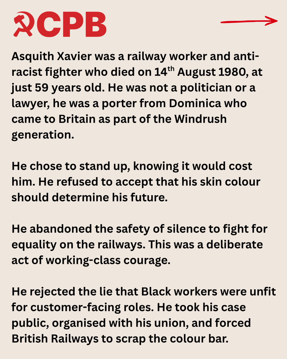CPBritain's tweet photo. In honour of the unveiling of the blue plaque at his former home on Ledbury Road in Notting Hill, we remember Asquith Xavier, the railway worker who took on the colour bar at Euston and won.

This plaque is not only a memorial, it is a reminder that ordinary workers, organised in their unions, can defeat racism and change the law.

#AsquithXavier #BluePlaque #FightRacism #WorkingClassHistory