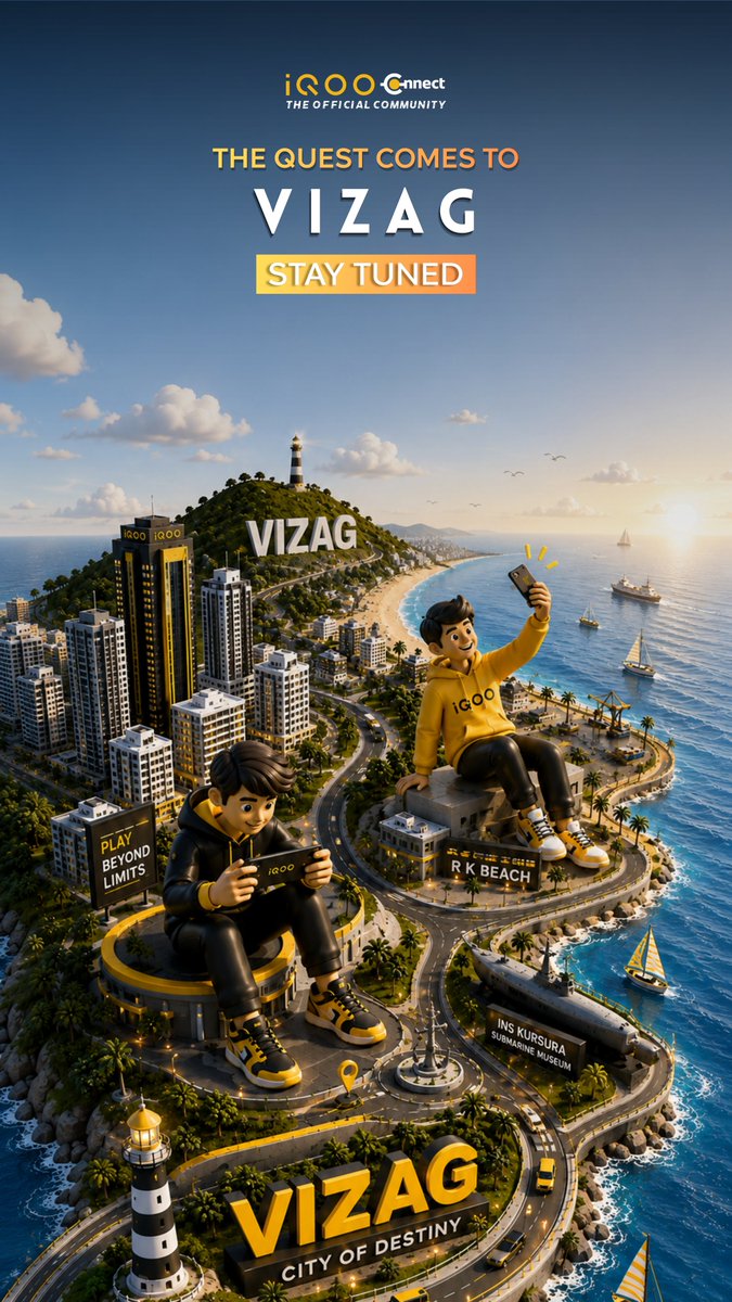 swagger_rohit's tweet photo. The Quest is heading to the City of Destiny! ⚡

From the iconic shores of RK Beach to peak performance and high-octane gaming vibes, Vizag, something HUGE is loading with iQOO Connect. 🔥

Ready to Play Beyond Limits? 🎮
Tag your squad &amp; stay tuned!

#iQOO #iQOOCommunity https://t.co/8L7BOL9H2S