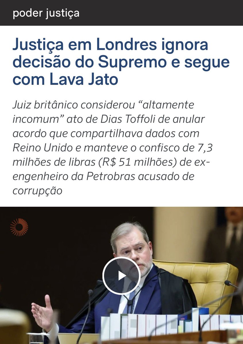 mauad_joao's tweet photo. Mais uma vergonha do STF no exterior. Agora, patrocinada por Toffoli. 👇

“Surgiu mais um caso relacionado à operação Lava Jato que segue sendo válido na Justiça de outro país, apesar de tudo ter sido anulado pelo Supremo Tribunal Federal no Brasil. Desta vez, um tribunal de Londres decidiu que a agência britânica SFO (Serious Fraud Office) pode continuar a usar provas obtidas no Brasil para defender o confisco de 7,3 milhões de libras esterlinas de um ex-engenheiro da Petrobras acusado de repassar propinas a ex-colegas”. ...

Leia mais no texto original: (https://t.co/OHLqnItKgT)