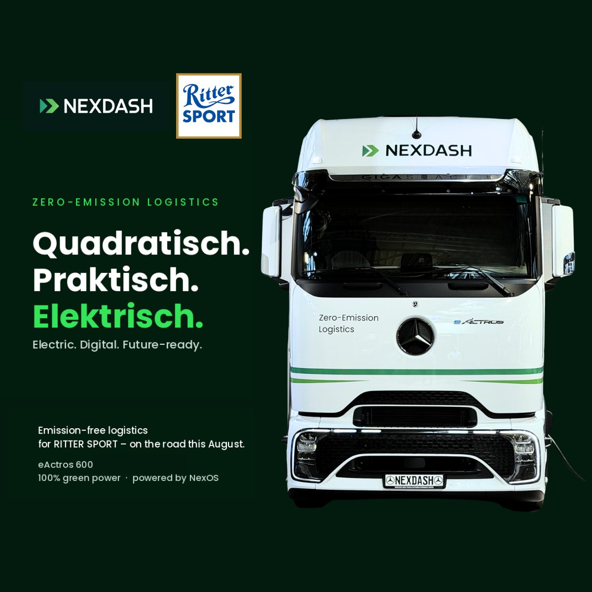 NexDash's tweet photo. Quadratisch. Praktisch. Elektrisch. 🍫 ⚡ 

In August, our first fully electric trucks hit the road with @RITTER_SPORT_DE  - and a small but real step toward emission-free confectionery logistics.

No diesel, no CO₂ on the road - just chocolate, delivered emission-free. https://t.co/e4EbORHbje