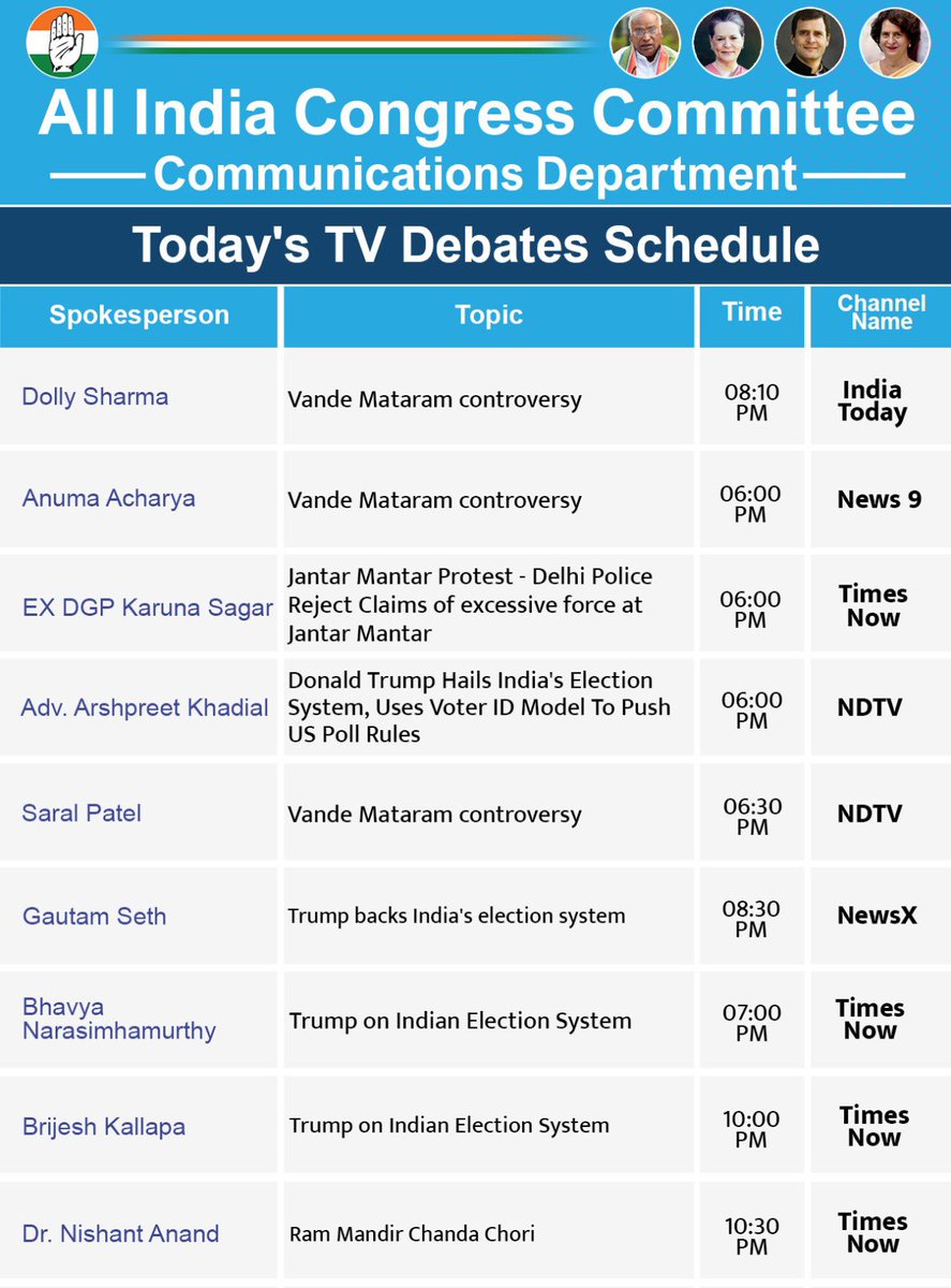 AICCMedia's tweet photo. The following spokespersons of the Indian National Congress will be representing the party in television debates today-

@dollysharmaINC with @gauravcsawant on @IndiaToday 

@AnumaVidisha on @News9Tweets 

@KarunaIPS with @madhavgk on @TimesNow

@APSKhadial with @GaurieD on @ndtv 

@SaralPatel with @GaurieD on @ndtv 

@GautamSeth_INC on @NewsX 

@Bhavyanmurthy with @shreyadhoundial on @TimesNow 

@brijeshkalappa with @madhavgk on @TimesNow

@drnishantadv with @madhavgk on @TimesNow