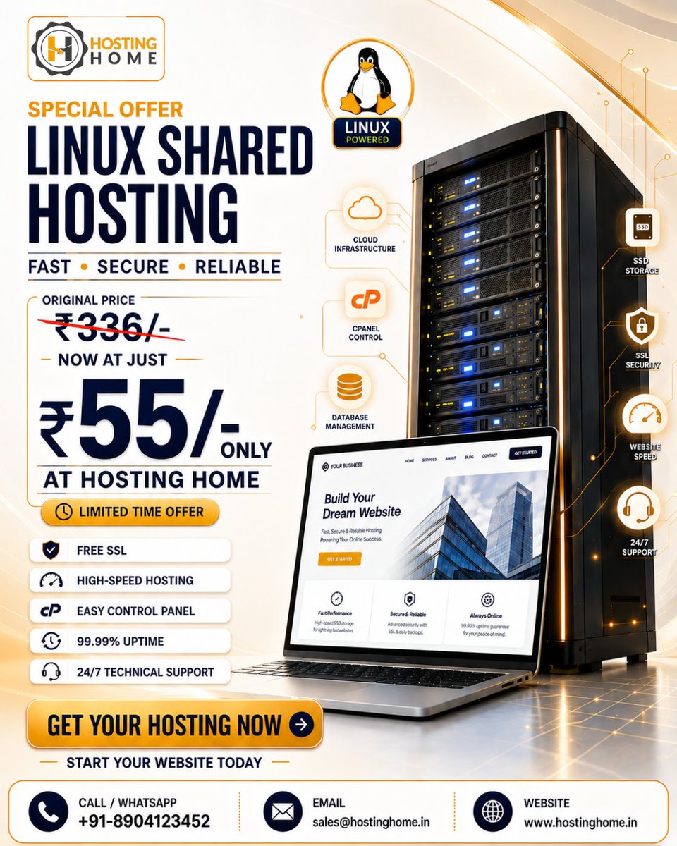 Hostinghome1's tweet photo. Launch your website without overthinking the cost. 🚀
Get Linux Shared Hosting at just ₹55/- only.
DM “HOST” for details.
🌐 https://t.co/kXsUUDXICz
📞 +91-8904123452
#LinuxHosting #WebHosting #Hosting #WindowsHosting #HostingHome https://t.co/ENmnmhTACg