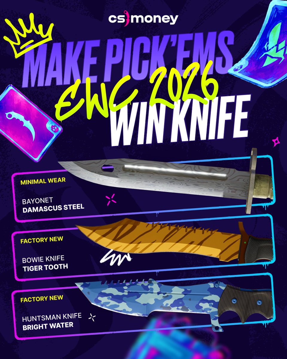 csmoneytrade's tweet photo. Make your Pick’Em = Enroll in a knife giveaway!

🤝 Sure, you can hit Top 50 and get a skin. But if you simply make a Pick’em on our website and share your Steam ID in the comments, you can win more! RNG results drops on 24 August:

• Bayonet Damascus Steel MW
• Bowie Knife Tiger Tooth FN
• Huntsman Knife Bright Water FN

Well, it couldn't be easier. Try your luck in the comments now!