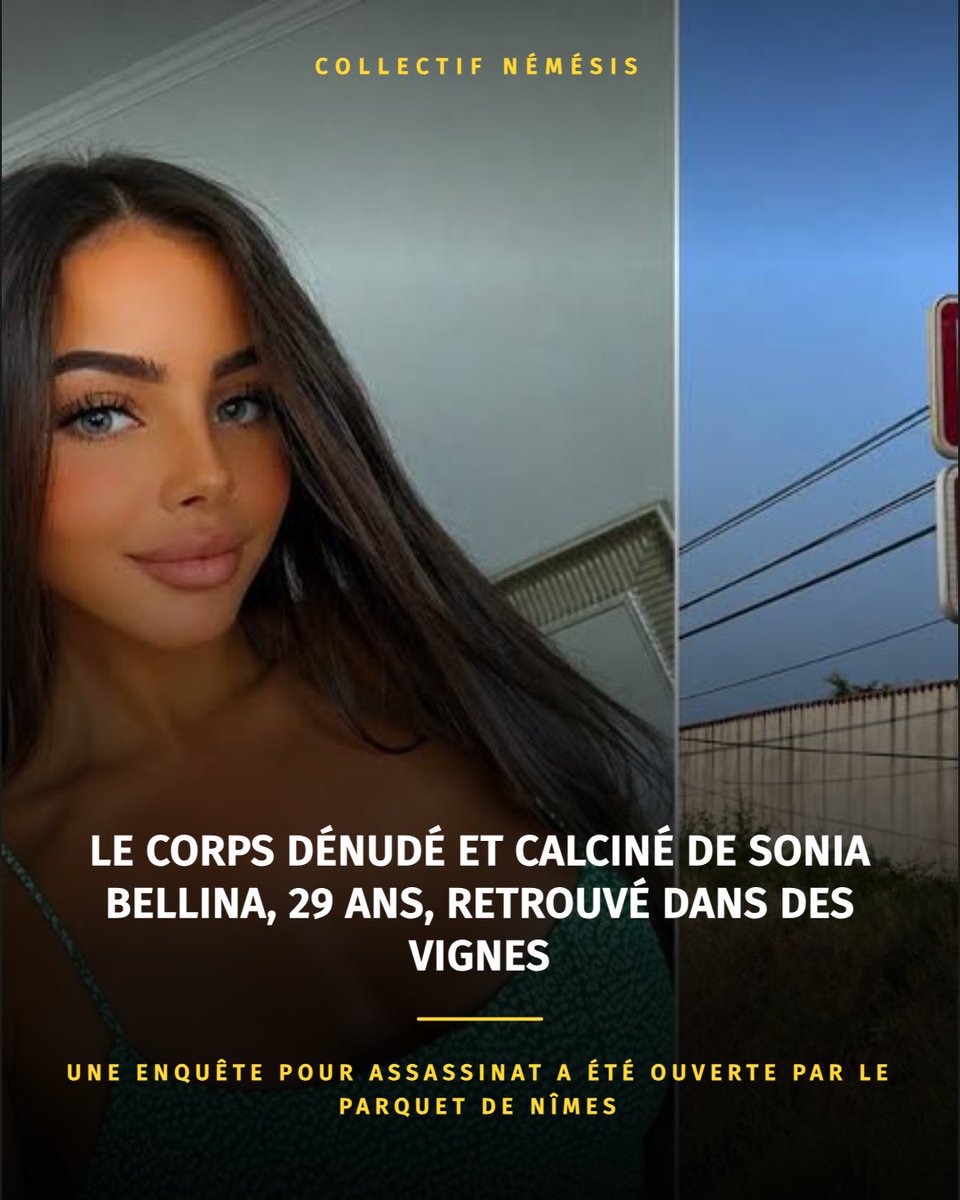 Coll_Nemesis's tweet photo. Le corps dénudé et partiellement calciné de Sonia Bellina a été découvert le 12 août par un ouvrier agricole à Saint-Gilles. L’influenceuse de 29 ans n’avait plus donné de nouvelles depuis deux jours. Elle aurait été vue pour la dernière fois alors qu’elle se rendait à un rendez-vous galant.

Face à l'horreur de ce crime, la famille de la victime dénonce la cruauté du monde actuel et le silence imposé par la violence des faits. Une enquête pour assassinat est en cours afin d'identifier l'auteur de cet acte barbare.