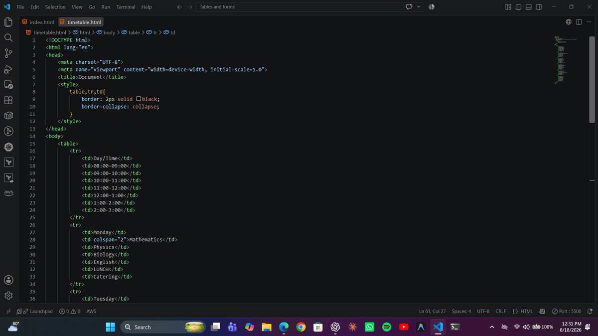 TheBaddestDev's tweet photo. Today’s web development class was another step forward in my HTML journey. I learned how to work with tables and forms, and I put the knowledge into practice by creating a secondary school timetable using HTML.

#HTML #WebDevelopment #DevSecOps #LearningInPublic https://t.co/iVyEXAK5k3