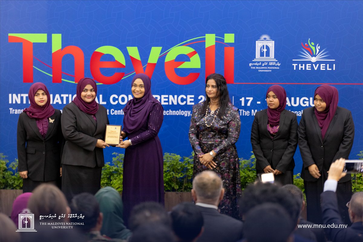 MNUedu's tweet photo. Presentation of Awards, Certificates, and Plaques for the Outstanding Paper of the Conference, Early Career Researcher, Undergraduate Research Excellence Award, and Best Faculty Award by the Guest of Honour, Madam Sajidha Mohamed #Theveli #MNU #NationBuildingSince1973 #1UniversityInTheMaldives