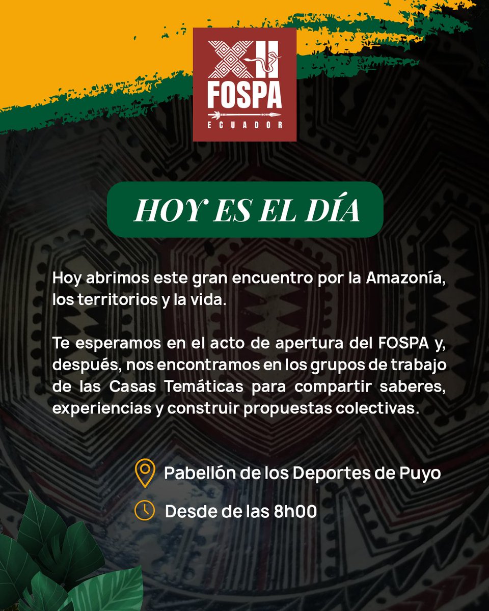 FospaOficial's tweet photo. 🌿 ¡HOY ES EL DÍA!
Comienza el XII FOSPA Ecuador, un encuentro por la Amazonía, los territorios y la vida. 🌎
📍 Pabellón de Deportes de Puyo
🕗 Desde las 08h00
¡Nos encontramos para compartir, dialogar y construir colectivamente!
#FOSPAEcuador #XIIFOSPA https://t.co/l0tfC9B00u