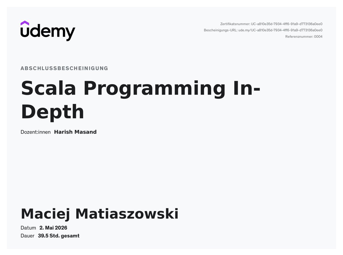 macmatia's tweet photo. My course completion certificate for "Scala Programming In-Depth" https://t.co/byG75SPZgc  via @udemy https://t.co/TJCfhTO2qG
